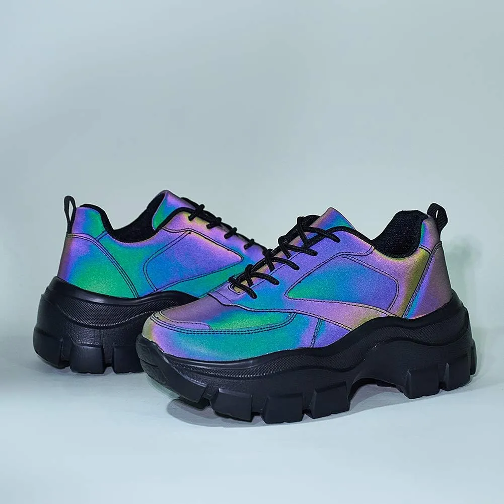 Niluber Women's Chunky Platform Sneakers Hologram Black White Silver Lace-Up Casual Fashion Walking Sport Rave Shoes