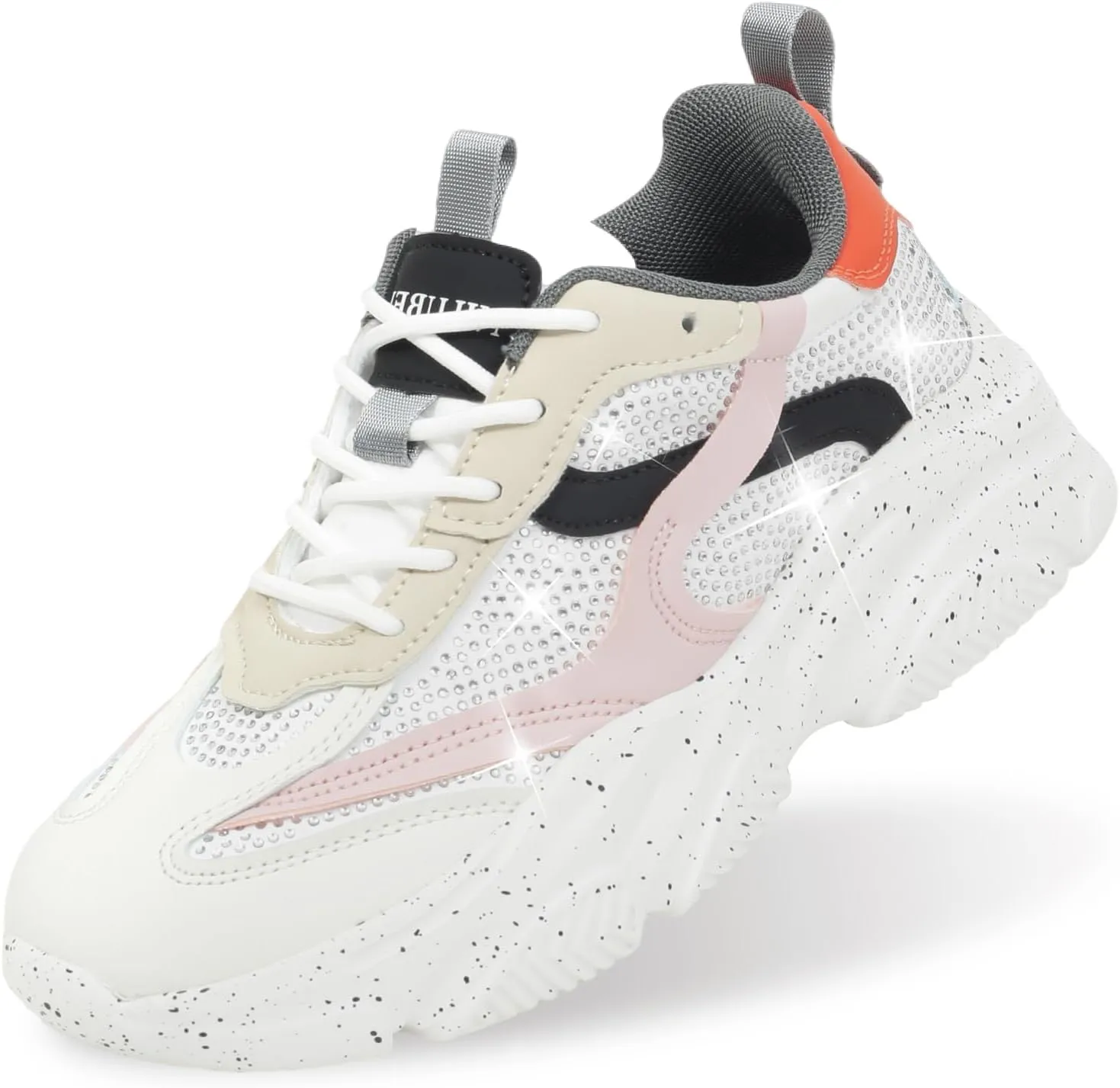 Niluber Women's Chunky Platform Sneakers-Slip On Breathable Running Shoes-Lightweight Glitter Rhinestone White Black Walking Shoes