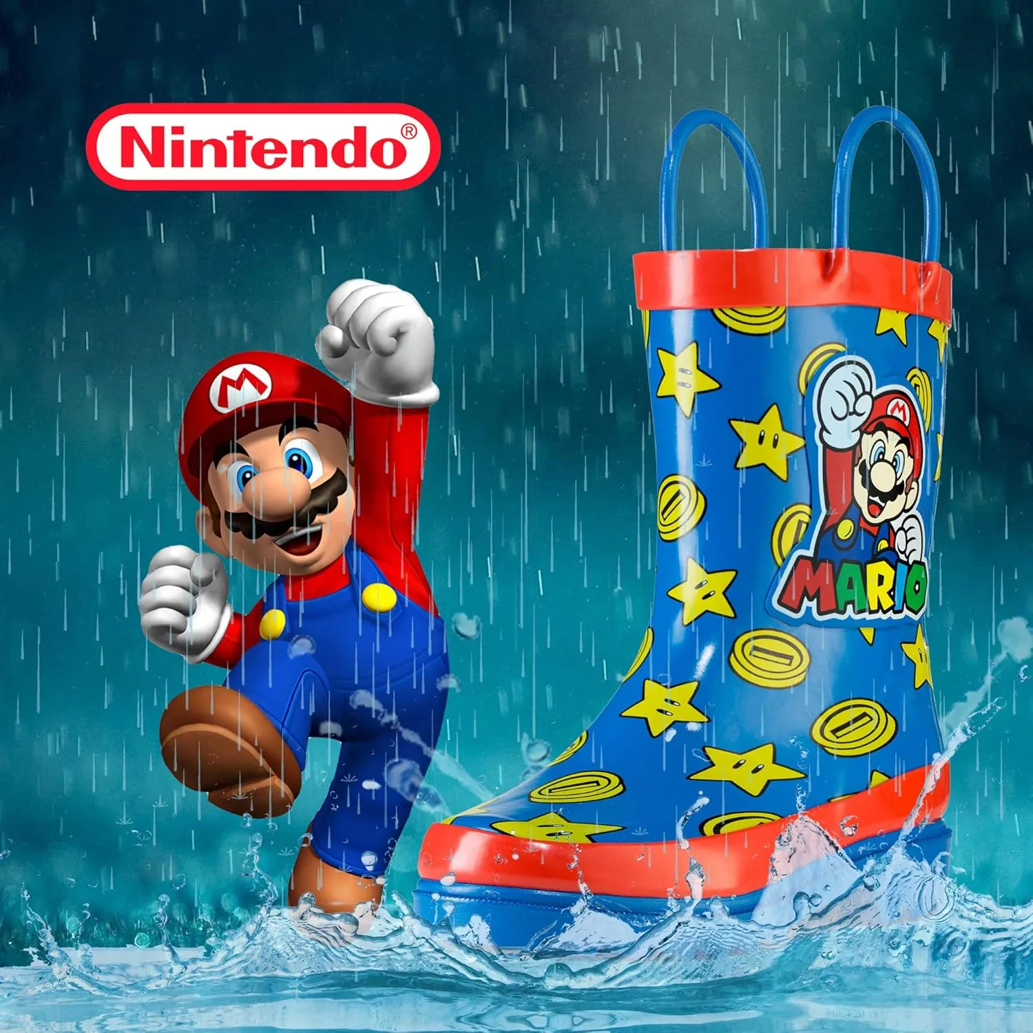 Nintendo Super Mario Boys' Waterproof Rubber Rain Boots with Easy-On Handles – Toddler, Little Kid & Big Kid Sizes