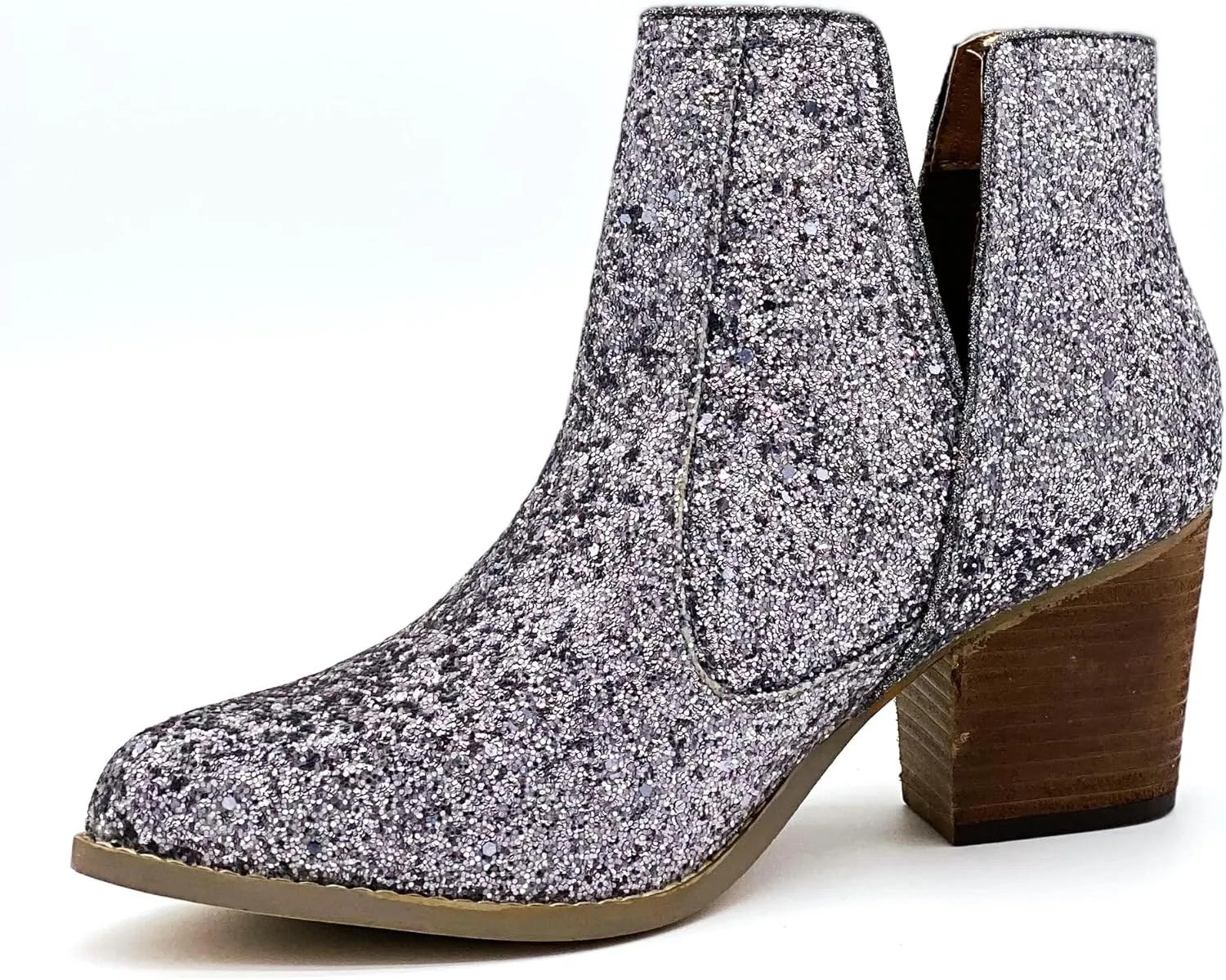 Not Rated Fiera High Heel V-Cut Boot, Sparkly Ankle Boots for Women with Almond Toe, Dress Shoe with 2-3/4" Stacked Block Heel