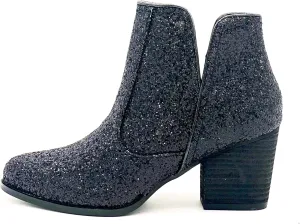 Not Rated Fiera High Heel V-Cut Boot, Sparkly Ankle Boots for Women with Almond Toe, Dress Shoe with 2-3/4" Stacked Block Heel