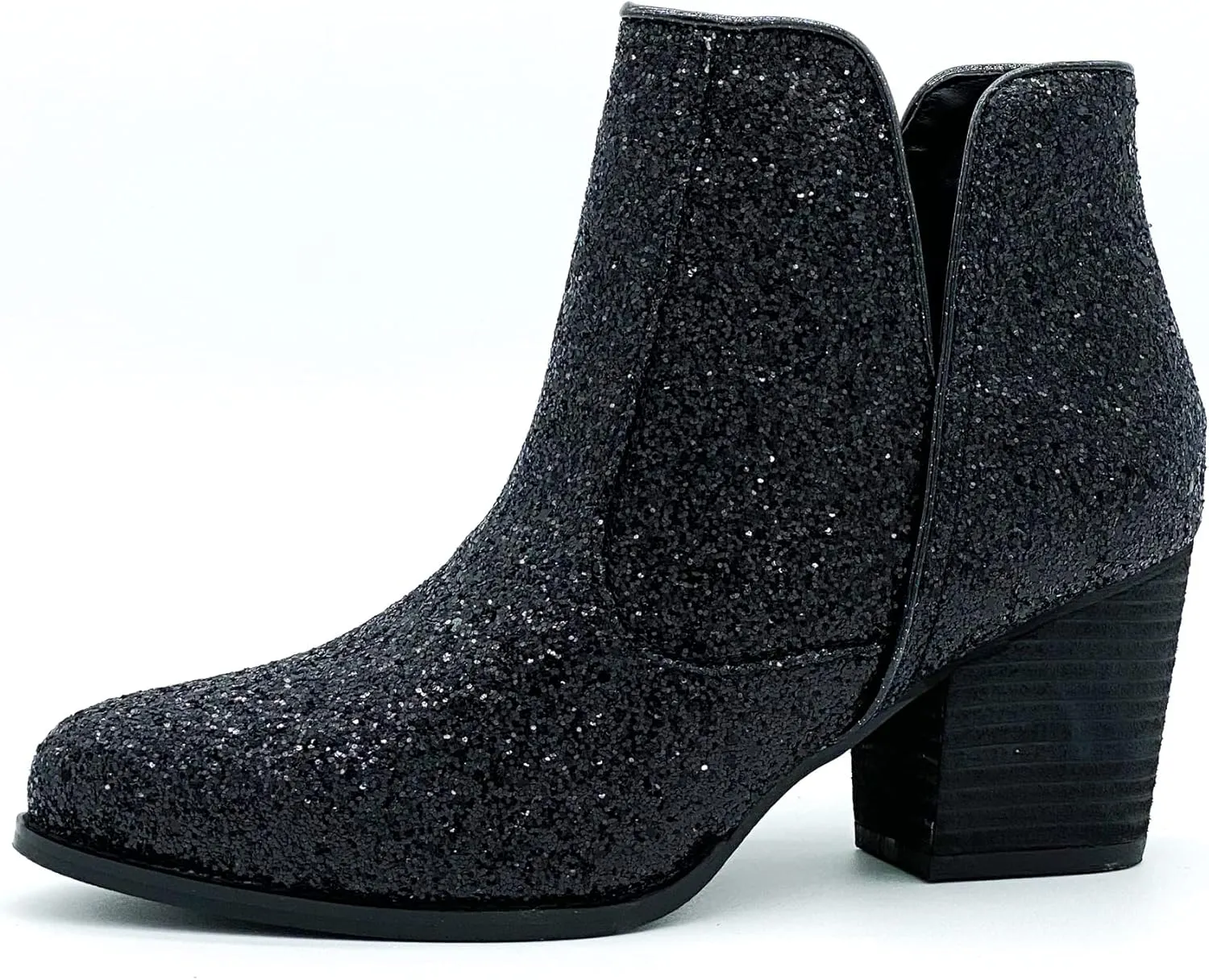 Not Rated Fiera High Heel V-Cut Boot, Sparkly Ankle Boots for Women with Almond Toe, Dress Shoe with 2-3/4" Stacked Block Heel
