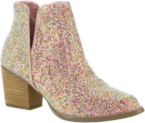 Not Rated Fiera High Heel V-Cut Boot, Sparkly Ankle Boots for Women with Almond Toe, Dress Shoe with 2-3/4" Stacked Block Heel