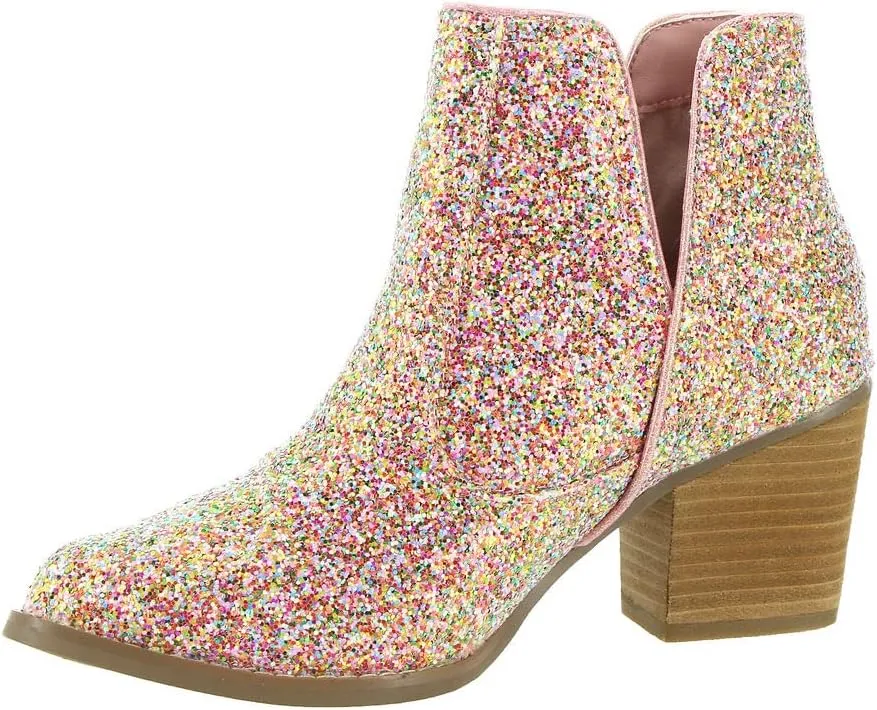 Not Rated Fiera High Heel V-Cut Boot, Sparkly Ankle Boots for Women with Almond Toe, Dress Shoe with 2-3/4" Stacked Block Heel