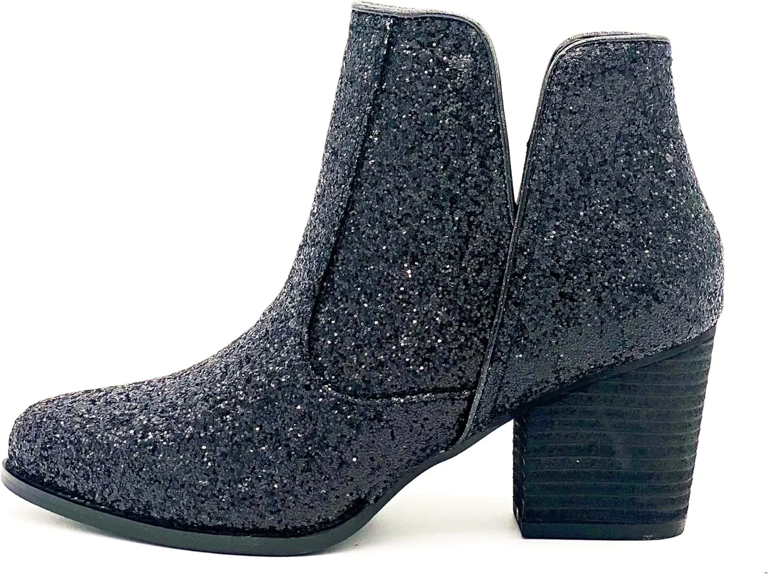 Not Rated Fiera High Heel V-Cut Boot, Sparkly Ankle Boots for Women with Almond Toe, Dress Shoe with 2-3/4" Stacked Block Heel