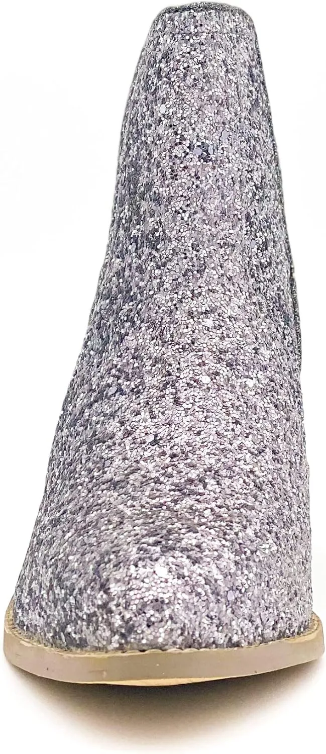 Not Rated Fiera High Heel V-Cut Boot, Sparkly Ankle Boots for Women with Almond Toe, Dress Shoe with 2-3/4" Stacked Block Heel
