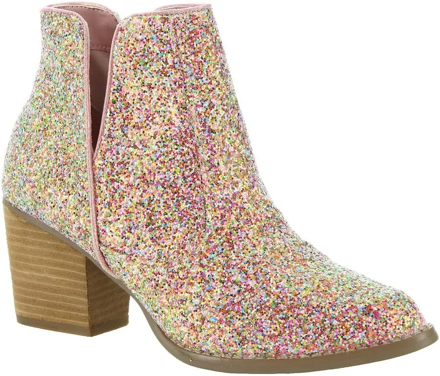 Not Rated Fiera High Heel V-Cut Boot, Sparkly Ankle Boots for Women with Almond Toe, Dress Shoe with 2-3/4" Stacked Block Heel