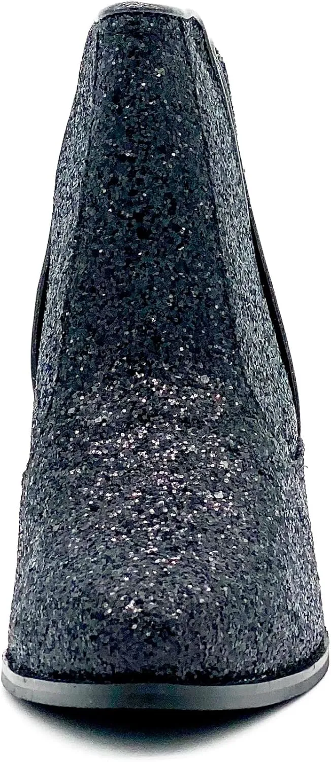 Not Rated Fiera High Heel V-Cut Boot, Sparkly Ankle Boots for Women with Almond Toe, Dress Shoe with 2-3/4" Stacked Block Heel