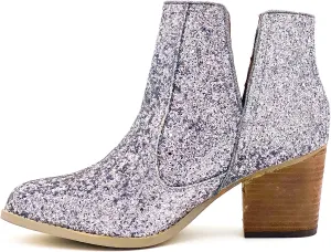 Not Rated Fiera High Heel V-Cut Boot, Sparkly Ankle Boots for Women with Almond Toe, Dress Shoe with 2-3/4" Stacked Block Heel