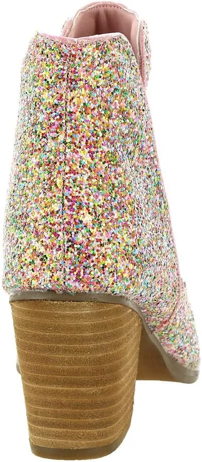 Not Rated Fiera High Heel V-Cut Boot, Sparkly Ankle Boots for Women with Almond Toe, Dress Shoe with 2-3/4" Stacked Block Heel