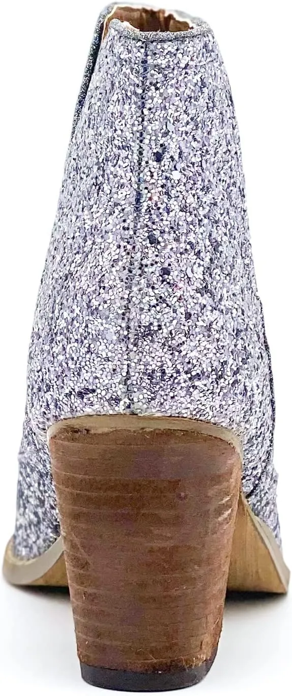 Not Rated Fiera High Heel V-Cut Boot, Sparkly Ankle Boots for Women with Almond Toe, Dress Shoe with 2-3/4" Stacked Block Heel