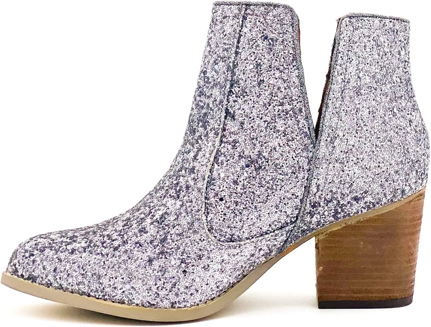 Not Rated Fiera High Heel V-Cut Boot, Sparkly Ankle Boots for Women with Almond Toe, Dress Shoe with 2-3/4" Stacked Block Heel