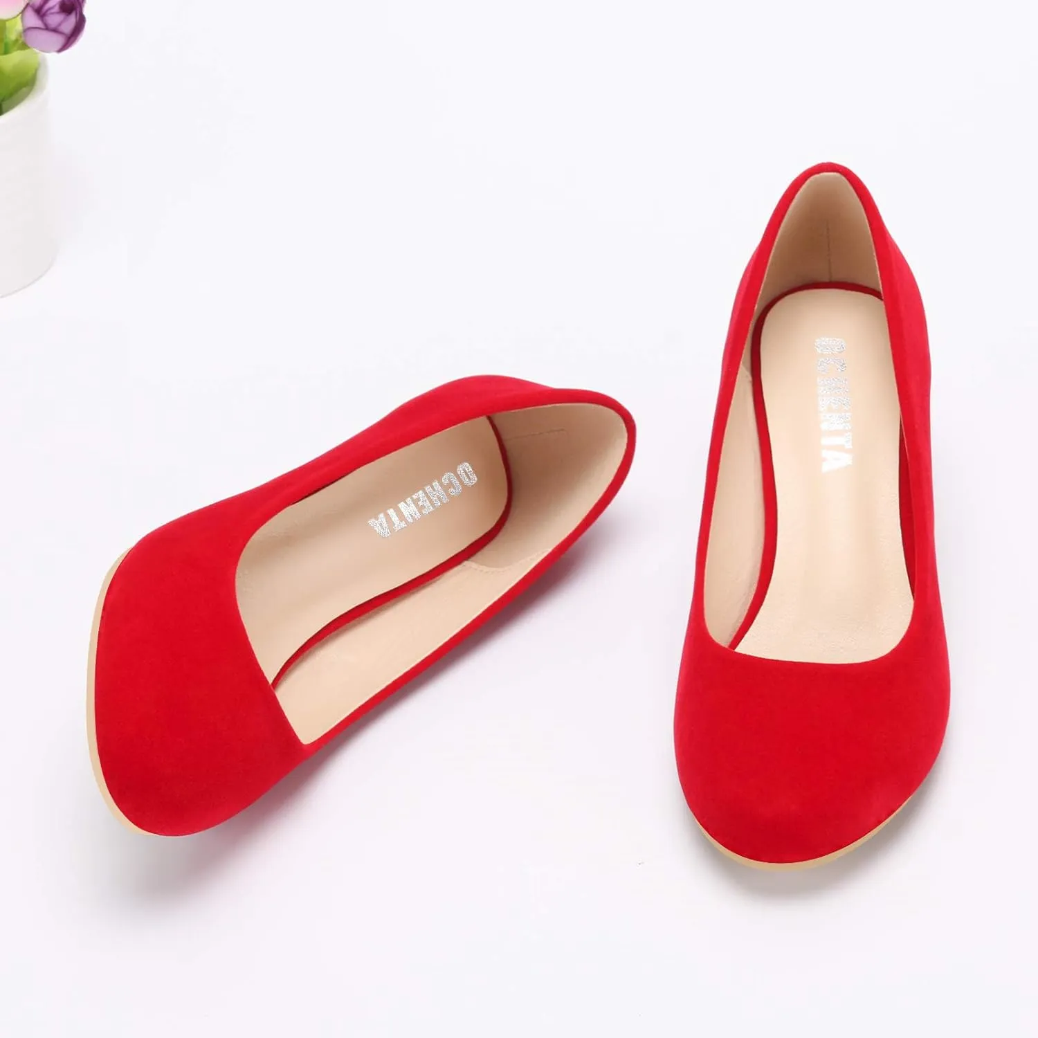 OCHENTA Women's Comfortable Low Kitten Heel Dress Shoes Round Toe Slip On Work Pumps