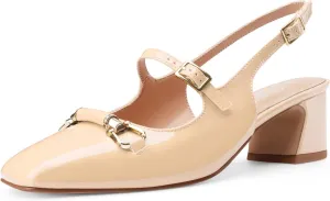 Oh Mispares Slingbacks Block Heels for Women Square Toe Low Heels Adjustable Buckle Strap Slip on Fashion Slingback Spring Summer Dress Pumps