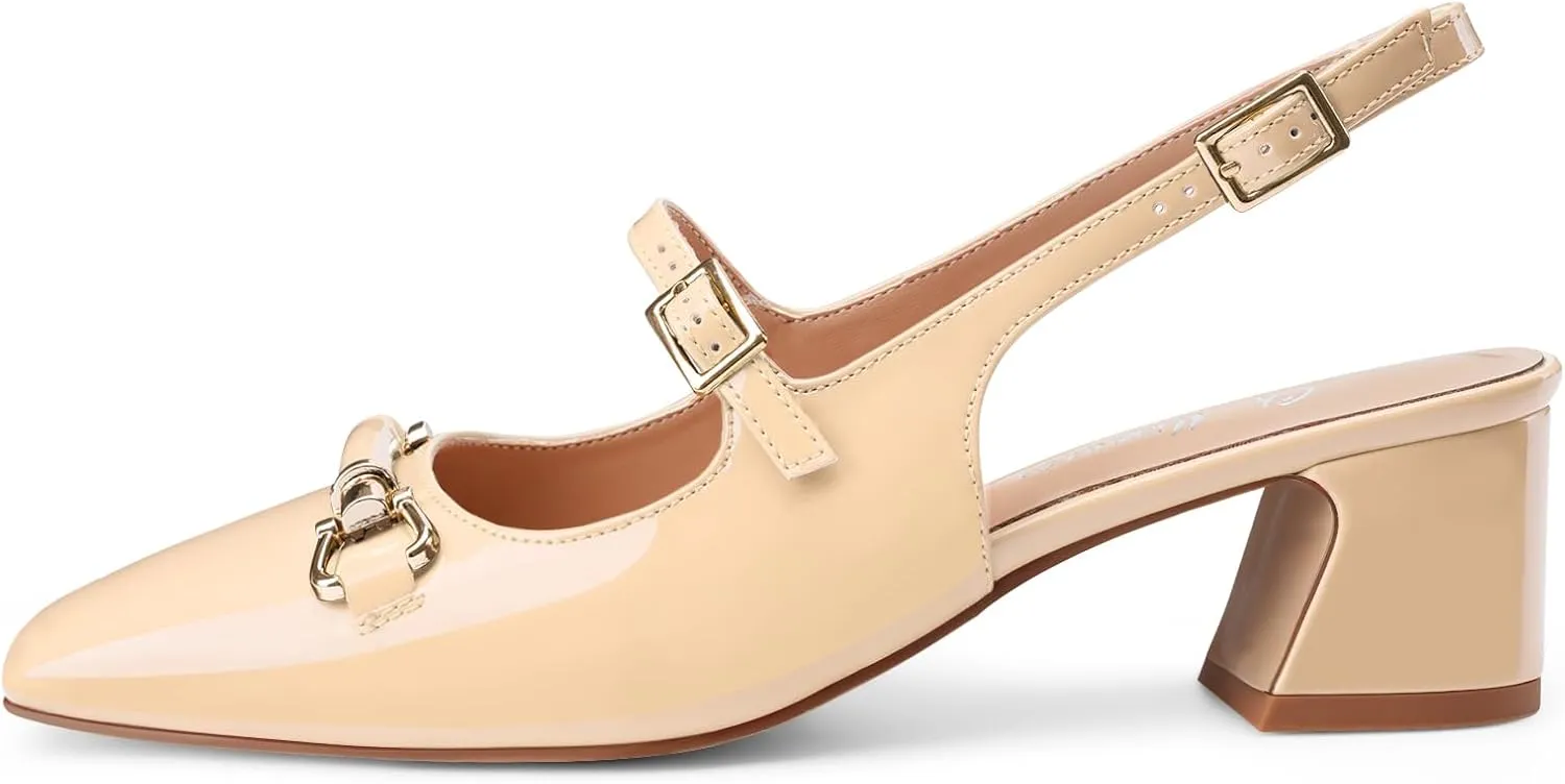 Oh Mispares Slingbacks Block Heels for Women Square Toe Low Heels Adjustable Buckle Strap Slip on Fashion Slingback Spring Summer Dress Pumps