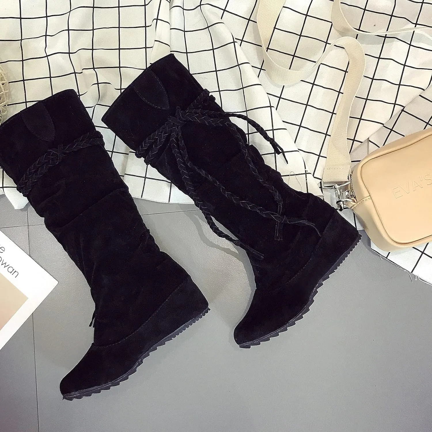 oiangi Womens Platform Knee High Boots - Winter Vintage Frosted Tassel Strap Round Toe Wedges Boots Retro Suede Comfortable Casual Non-slip Shoes