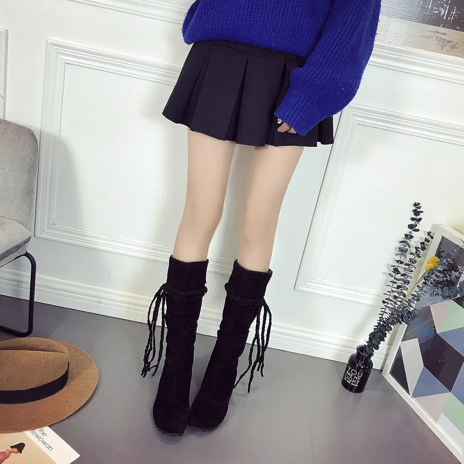 oiangi Womens Platform Knee High Boots - Winter Vintage Frosted Tassel Strap Round Toe Wedges Boots Retro Suede Comfortable Casual Non-slip Shoes