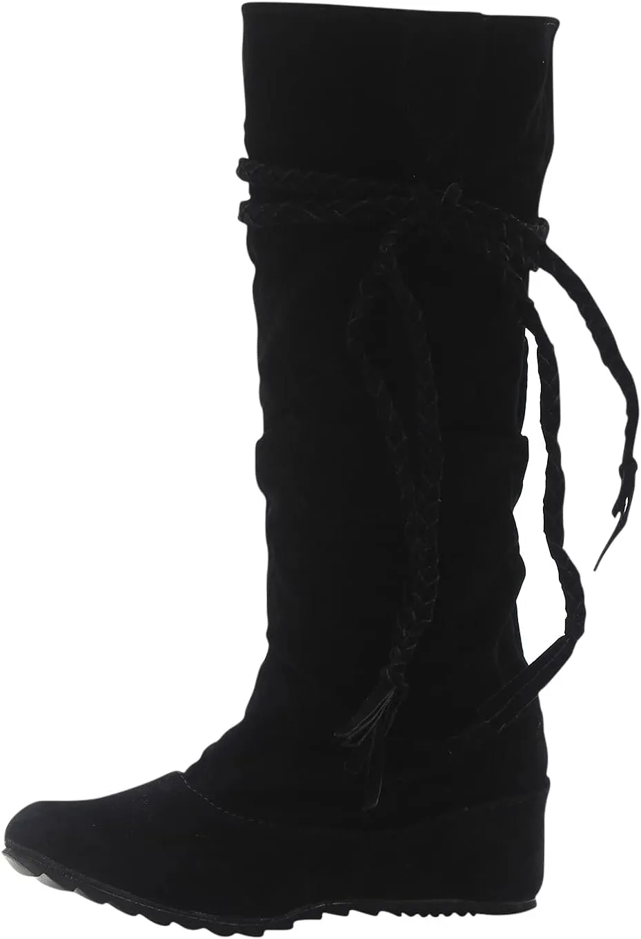 oiangi Womens Platform Knee High Boots - Winter Vintage Frosted Tassel Strap Round Toe Wedges Boots Retro Suede Comfortable Casual Non-slip Shoes