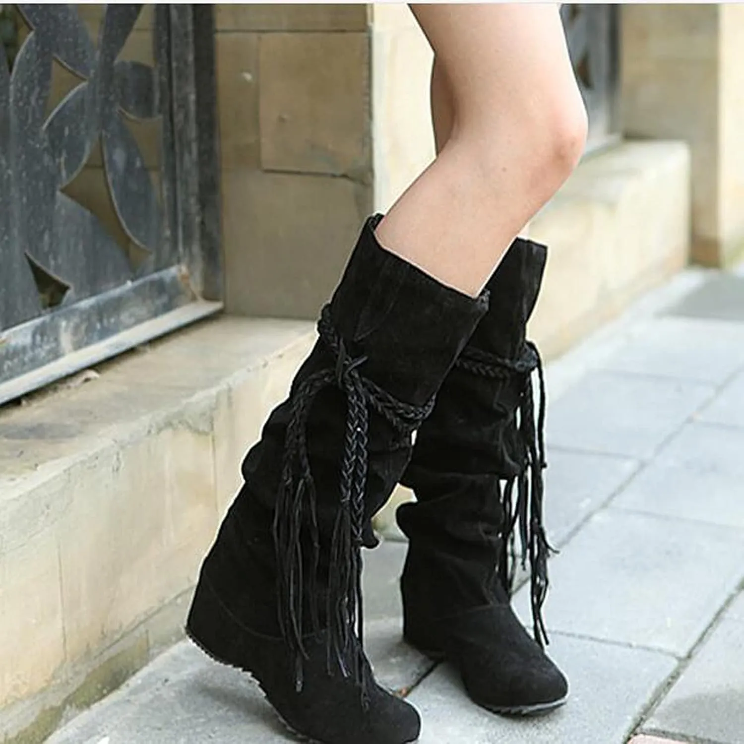 oiangi Womens Platform Knee High Boots - Winter Vintage Frosted Tassel Strap Round Toe Wedges Boots Retro Suede Comfortable Casual Non-slip Shoes