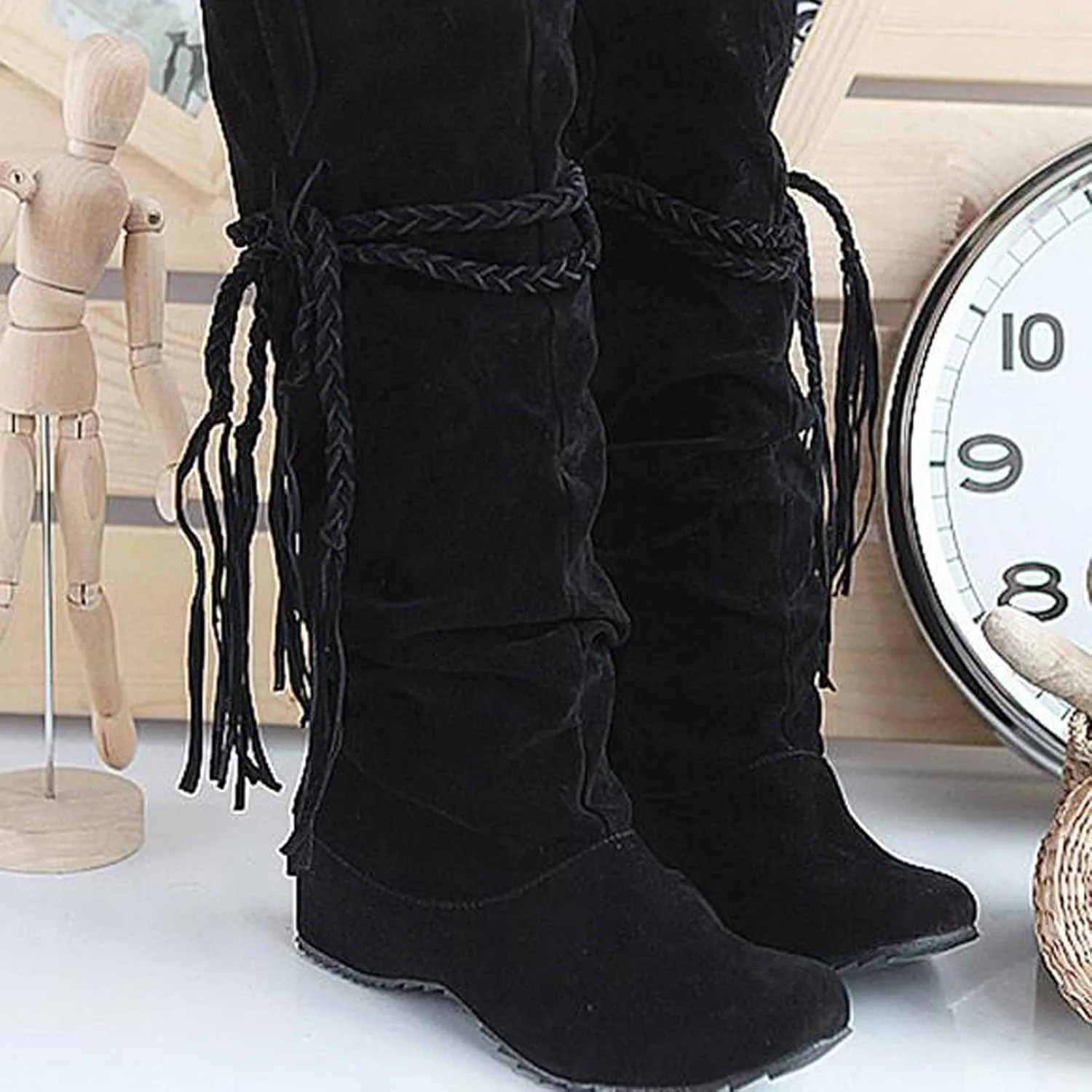 oiangi Womens Platform Knee High Boots - Winter Vintage Frosted Tassel Strap Round Toe Wedges Boots Retro Suede Comfortable Casual Non-slip Shoes