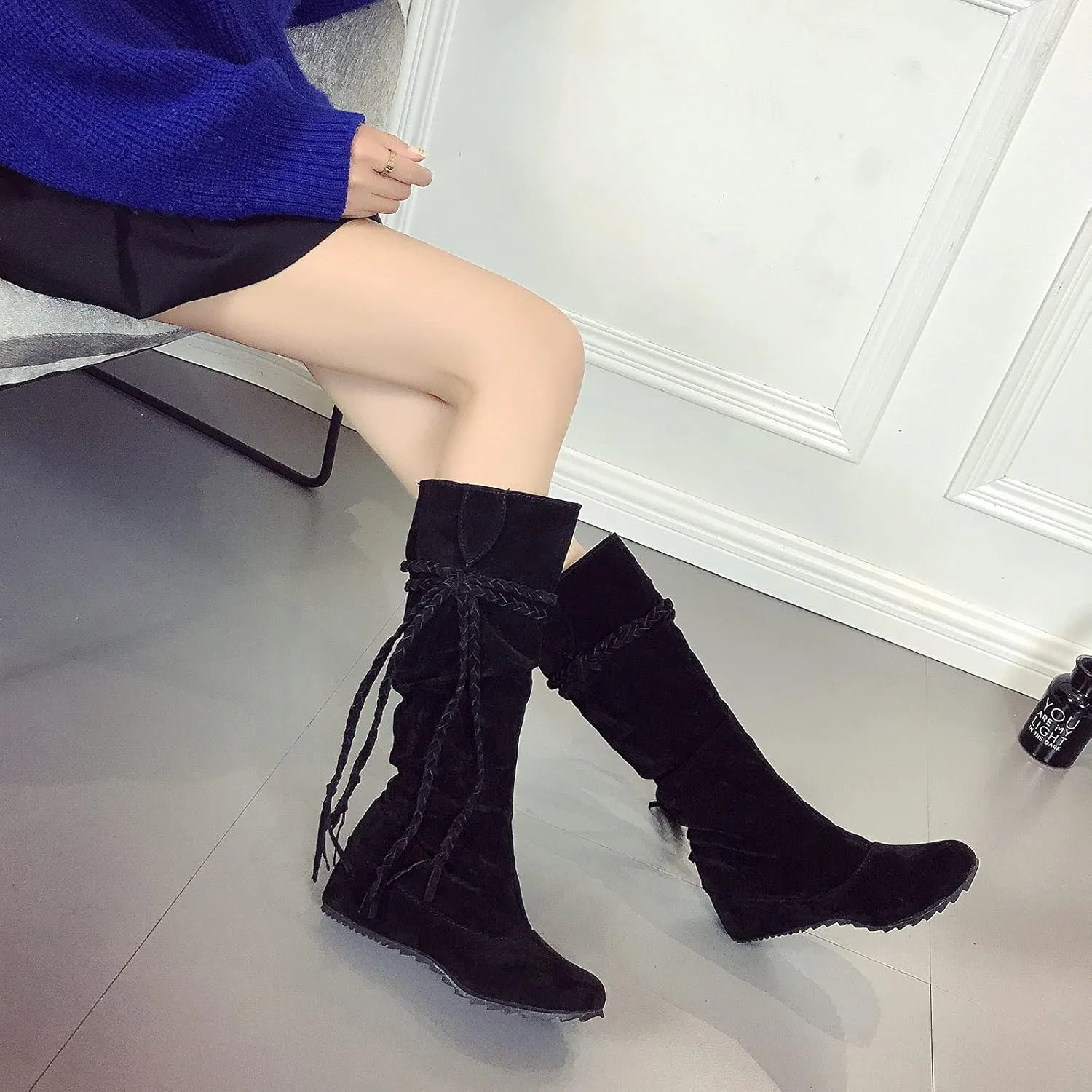 oiangi Womens Platform Knee High Boots - Winter Vintage Frosted Tassel Strap Round Toe Wedges Boots Retro Suede Comfortable Casual Non-slip Shoes