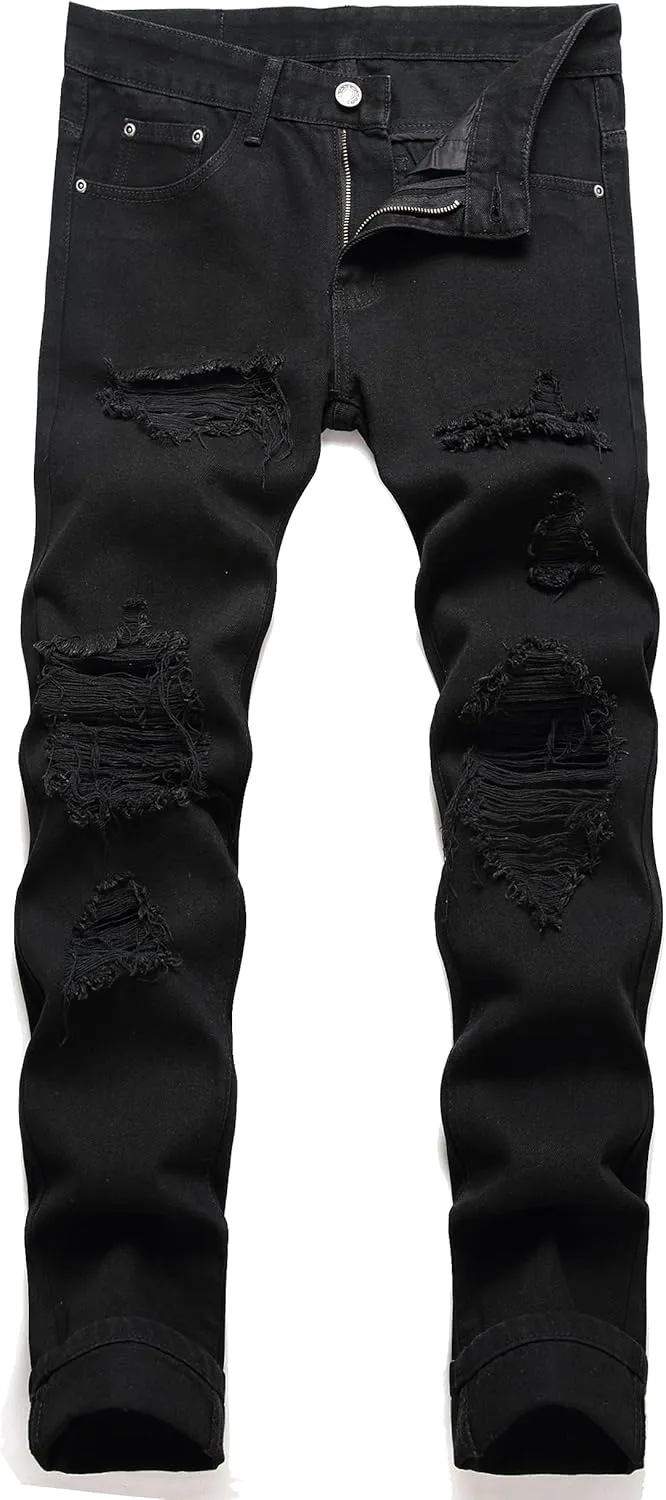 OIIIO Men's Ripped Slim Fit Straight Leg Jean Denim Pant