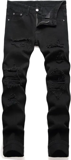 OIIIO Men's Ripped Slim Fit Straight Leg Jean Denim Pant