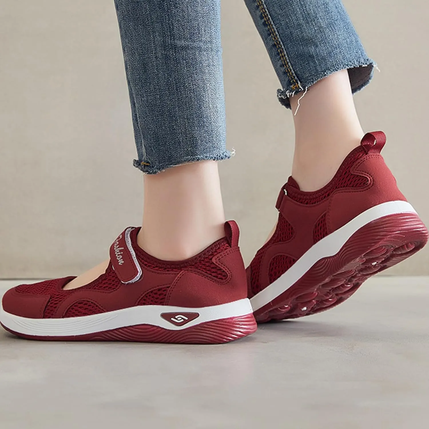 Orthopedic Shoes for Women Non Slip Arch Support Sneakers Mesh Hollow Out Breathable Walking Sneakers Comfortable Adjustable Mary Jane Shoes Lightweight Working Nurse Shoe