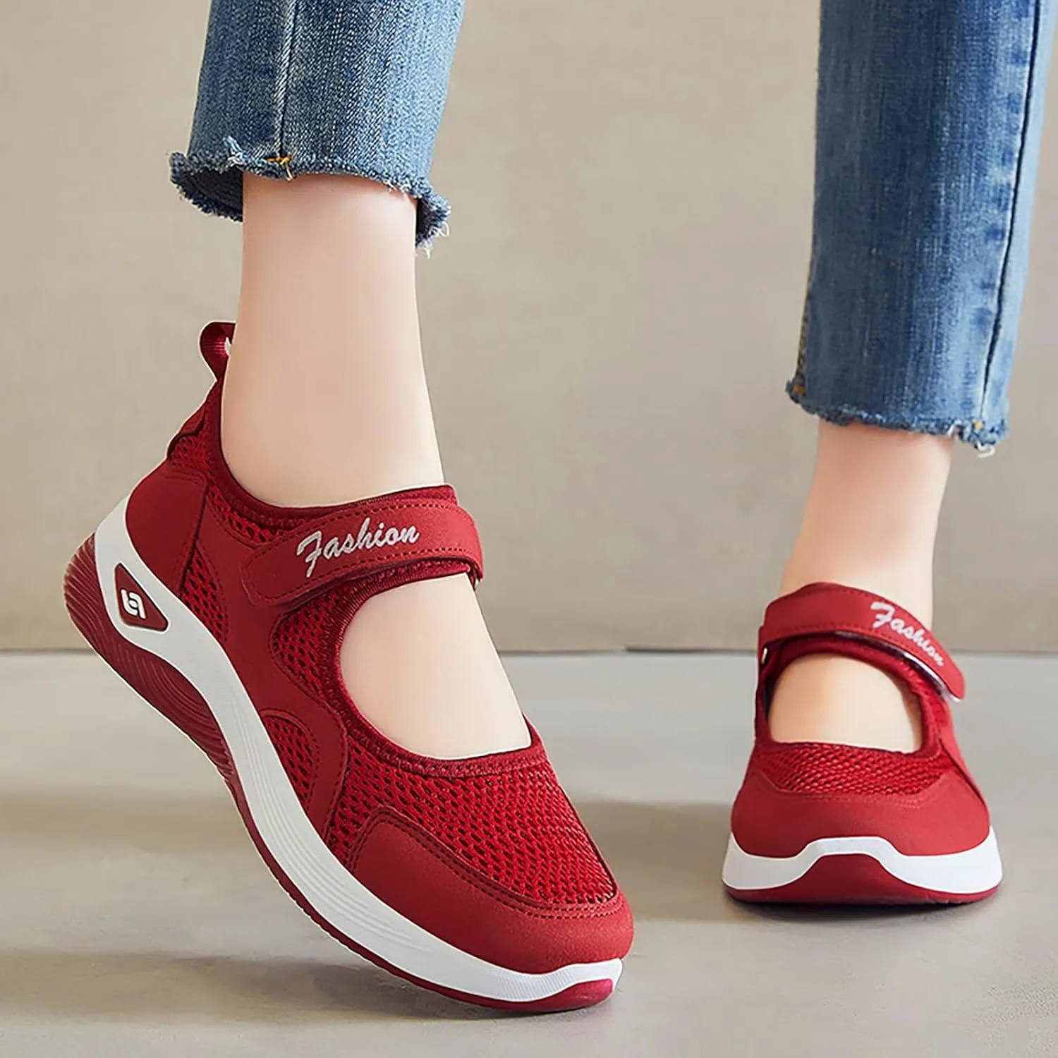 Orthopedic Shoes for Women Non Slip Arch Support Sneakers Mesh Hollow Out Breathable Walking Sneakers Comfortable Adjustable Mary Jane Shoes Lightweight Working Nurse Shoe