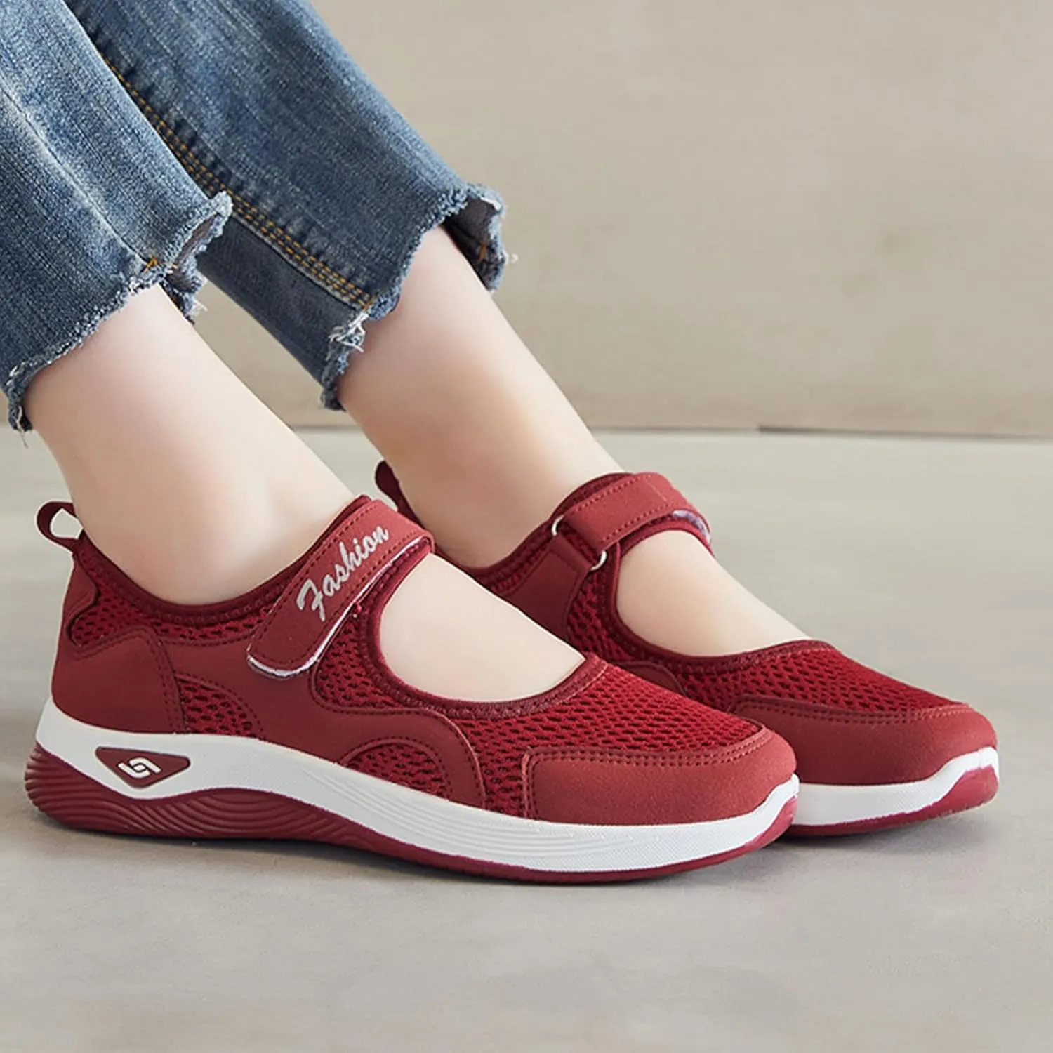 Orthopedic Shoes for Women Non Slip Arch Support Sneakers Mesh Hollow Out Breathable Walking Sneakers Comfortable Adjustable Mary Jane Shoes Lightweight Working Nurse Shoe