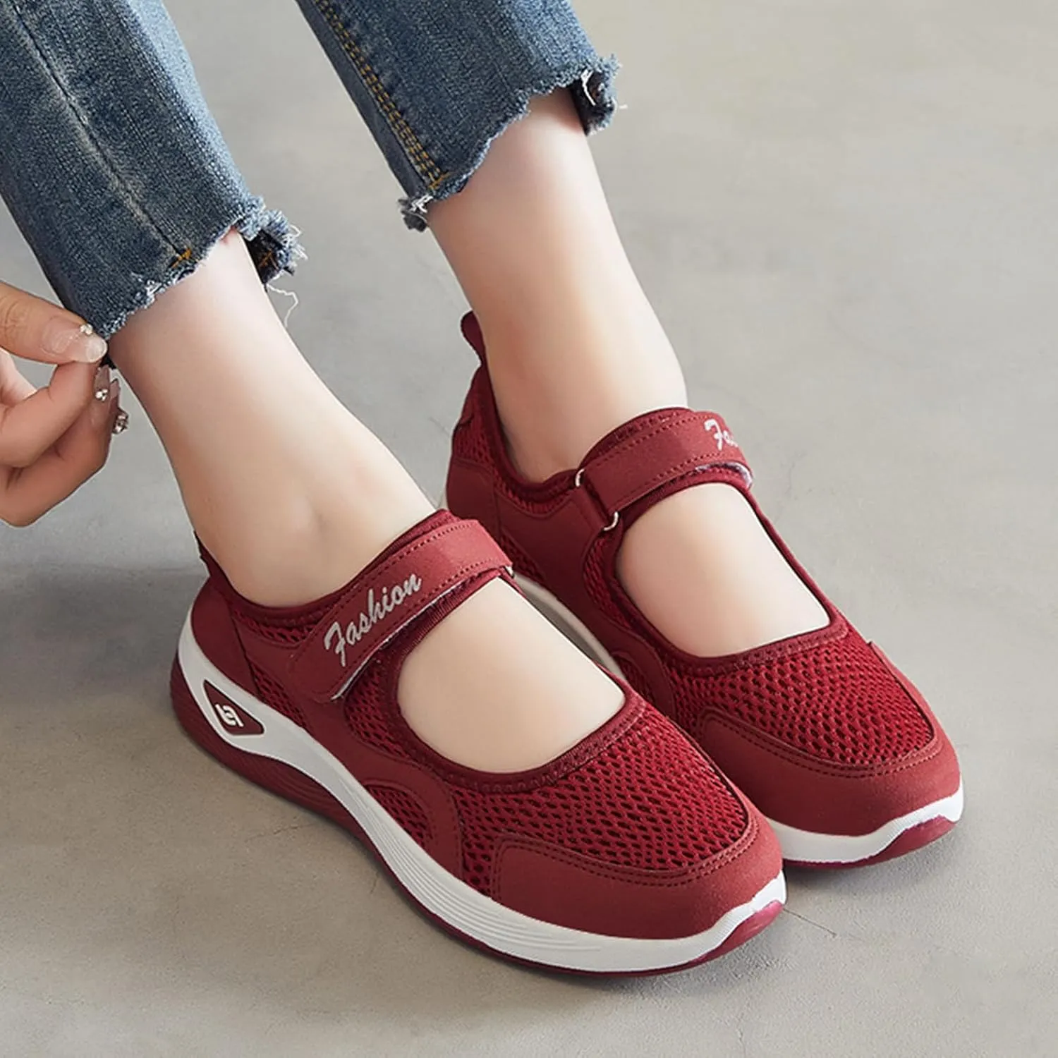 Orthopedic Shoes for Women Non Slip Arch Support Sneakers Mesh Hollow Out Breathable Walking Sneakers Comfortable Adjustable Mary Jane Shoes Lightweight Working Nurse Shoe