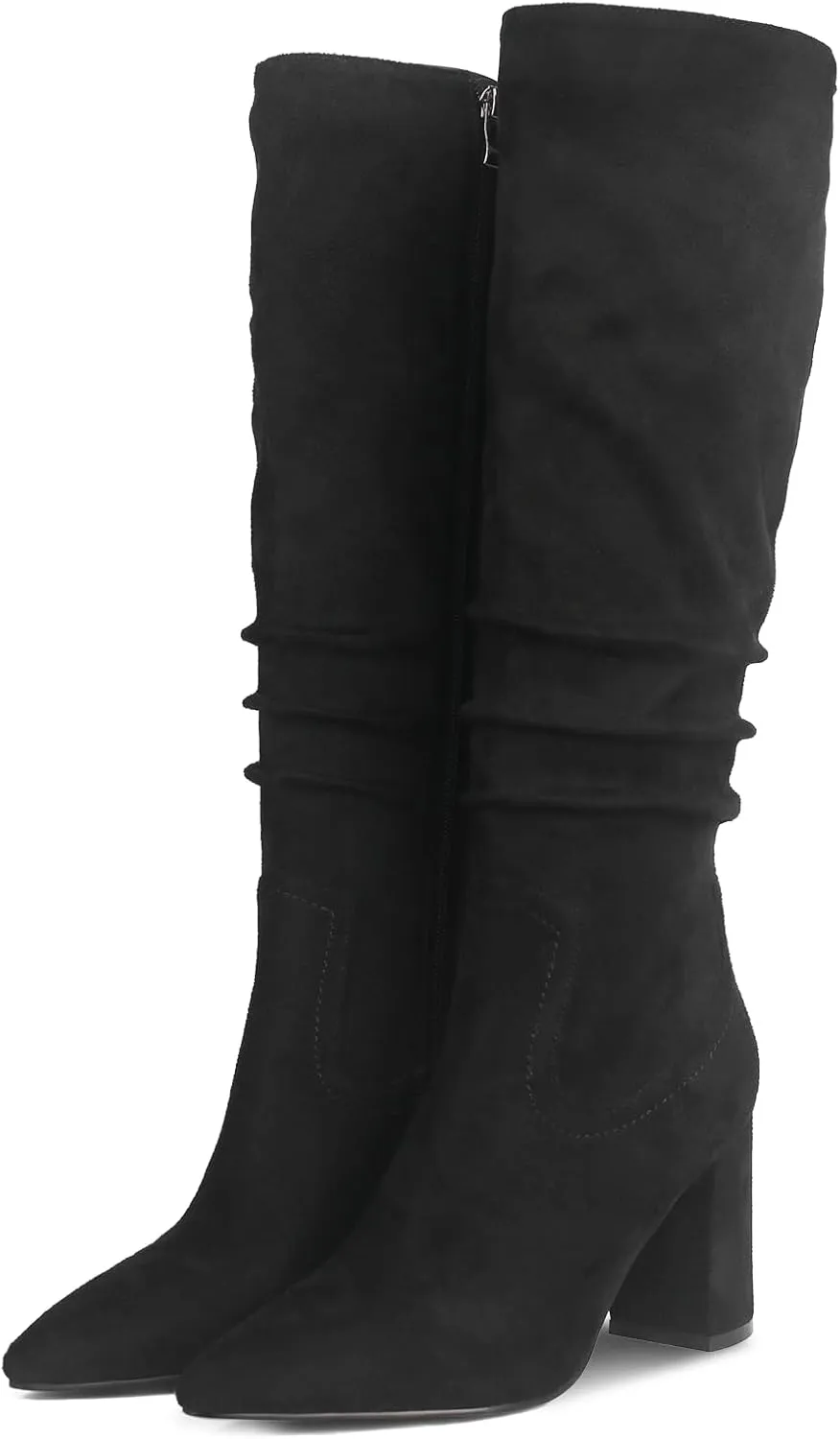 Ouepiano Womens Knee High Boots Chunky Heel Faux Suede Pointed Toe Side Zipper Fall Boots