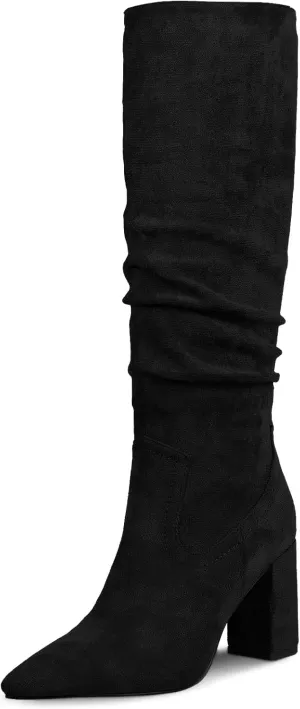 Ouepiano Womens Knee High Boots Chunky Heel Faux Suede Pointed Toe Side Zipper Fall Boots