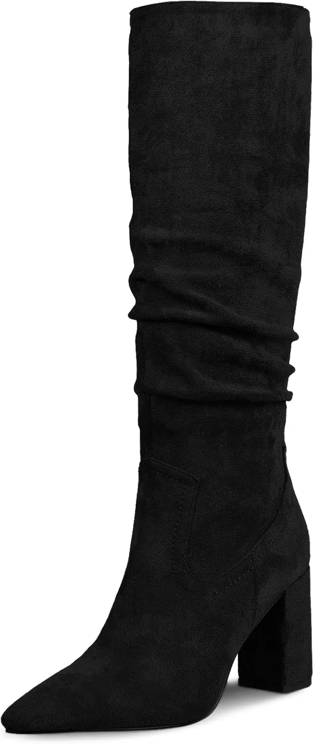 Ouepiano Womens Knee High Boots Chunky Heel Faux Suede Pointed Toe Side Zipper Fall Boots
