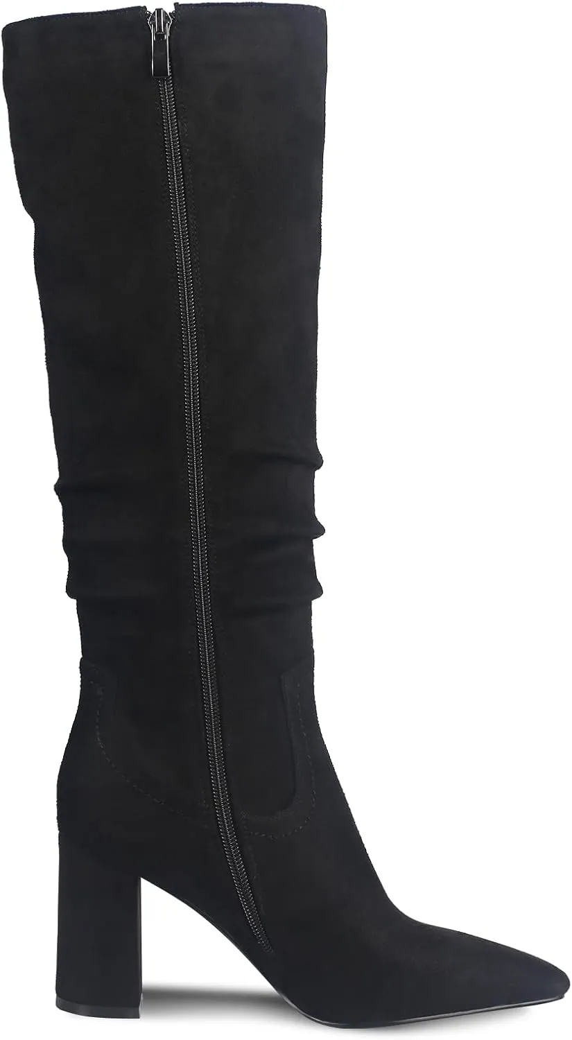 Ouepiano Womens Knee High Boots Chunky Heel Faux Suede Pointed Toe Side Zipper Fall Boots