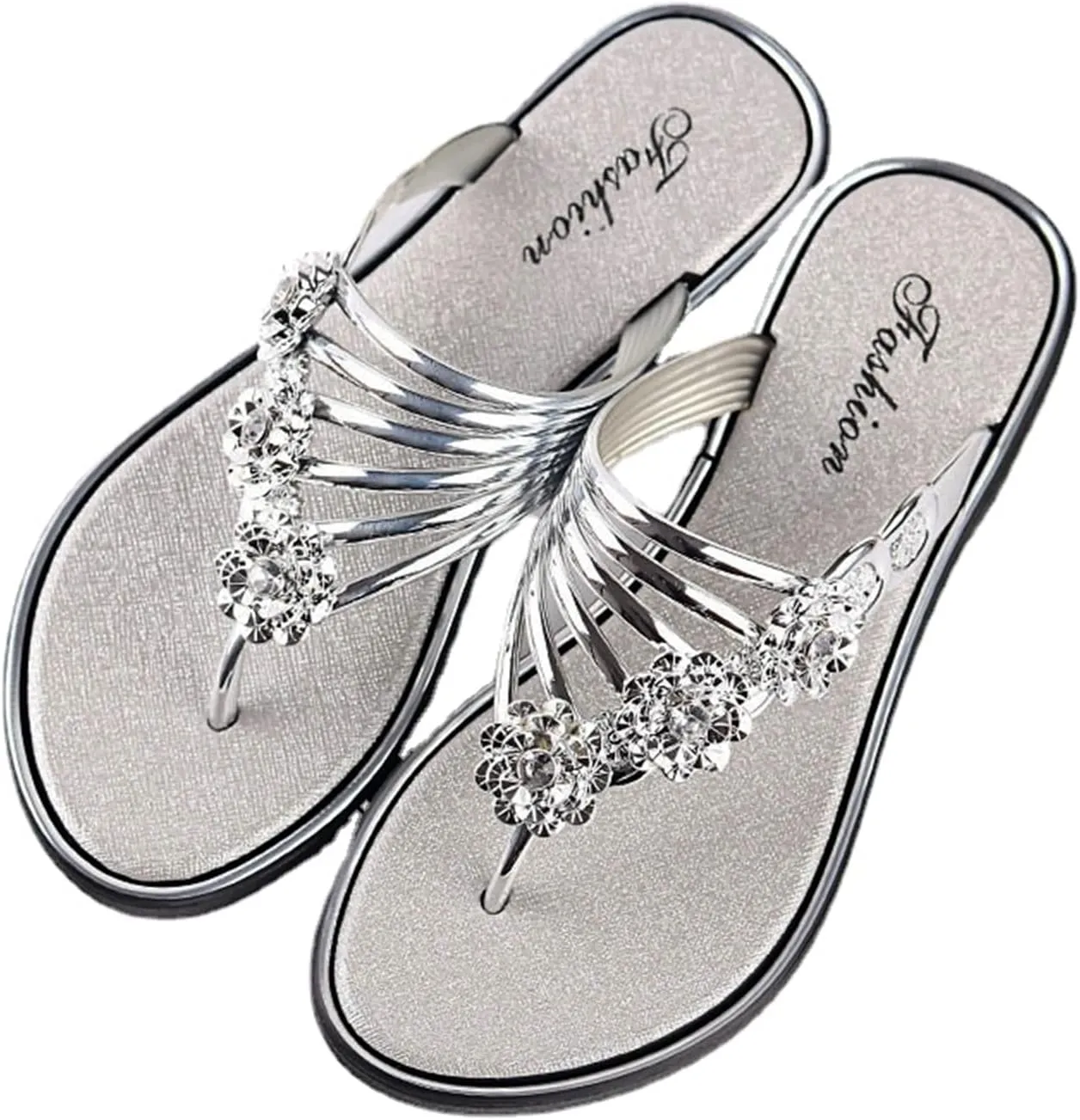 pearlzone Women's Flat Sandals Comfortable,Peep Toe Sparkly Rhinestone Flower Slipper Slip on Backless Anti-Slip Thong Flip Flop
