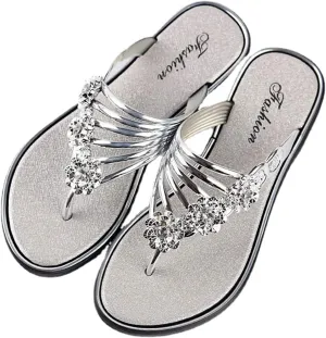 pearlzone Women's Flat Sandals Comfortable,Peep Toe Sparkly Rhinestone Flower Slipper Slip on Backless Anti-Slip Thong Flip Flop