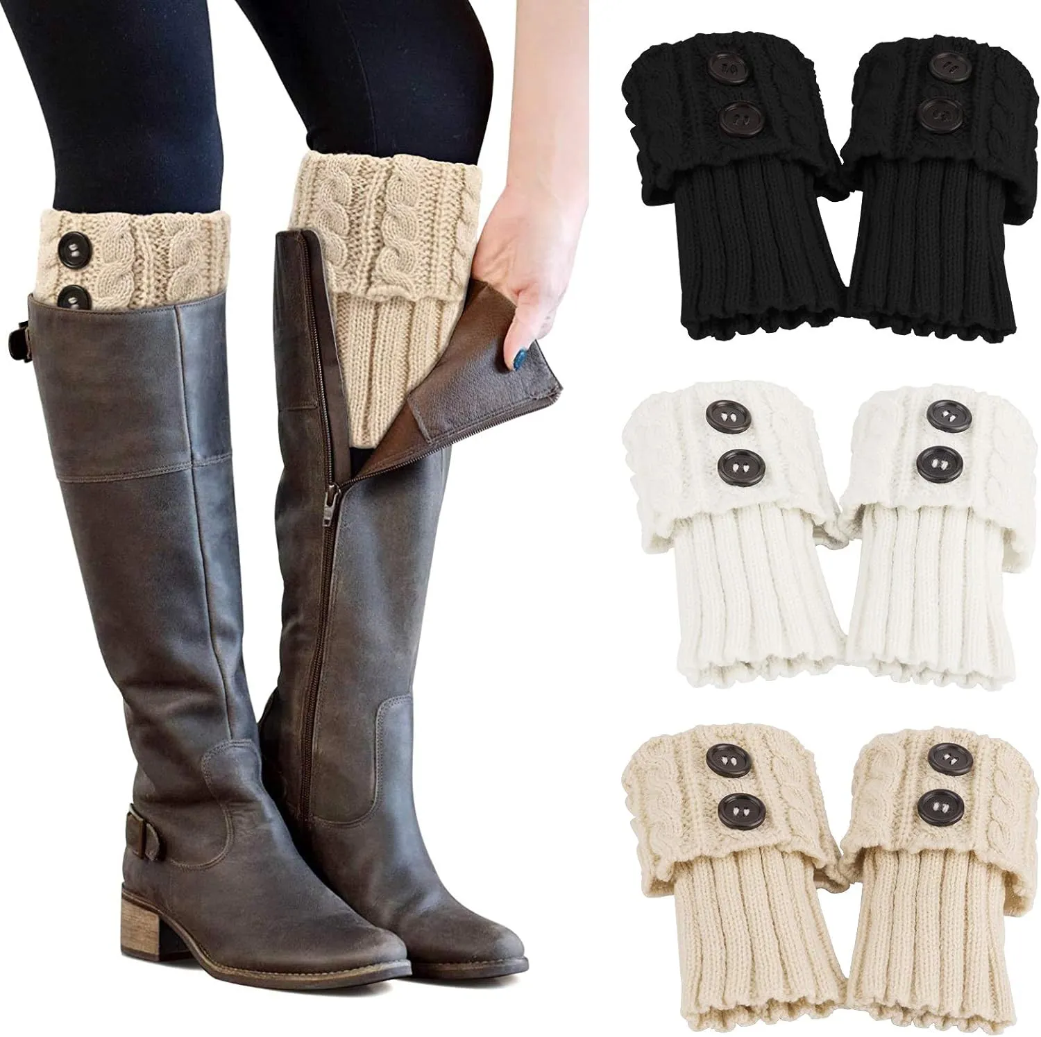 PHOGARY 3 Pairs Winter Warm Boot Cuffs for Women, Crochet Knitted Boot Socks for Girls Short Leg Warmers Boot Topper Socks Leg Cuffs Boot Warmers Gift (Black  Beige White)