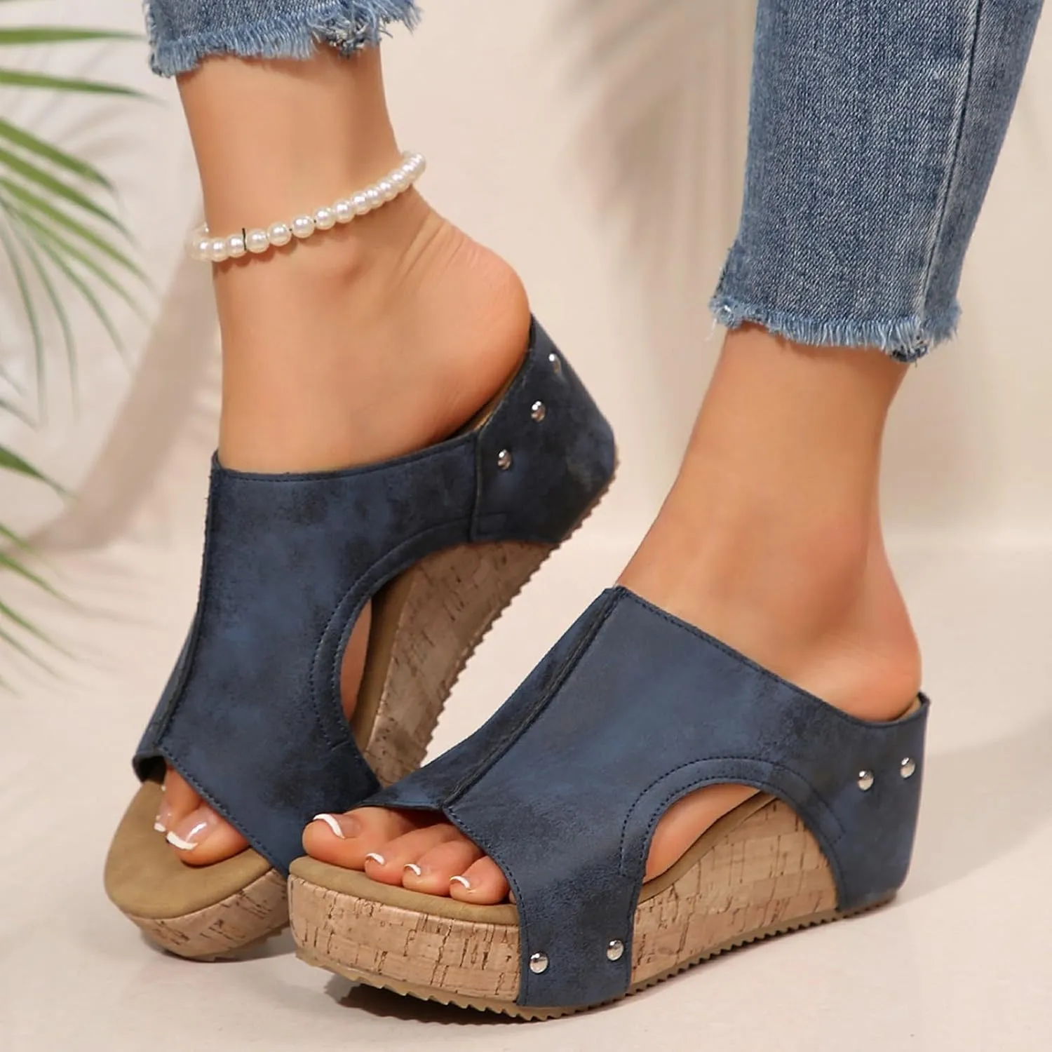Platform Wedge Sandals for Women 2025 Open Toe Slip On Slides Cork Heeled Cutout Comfortable Summer Vacation Shoes