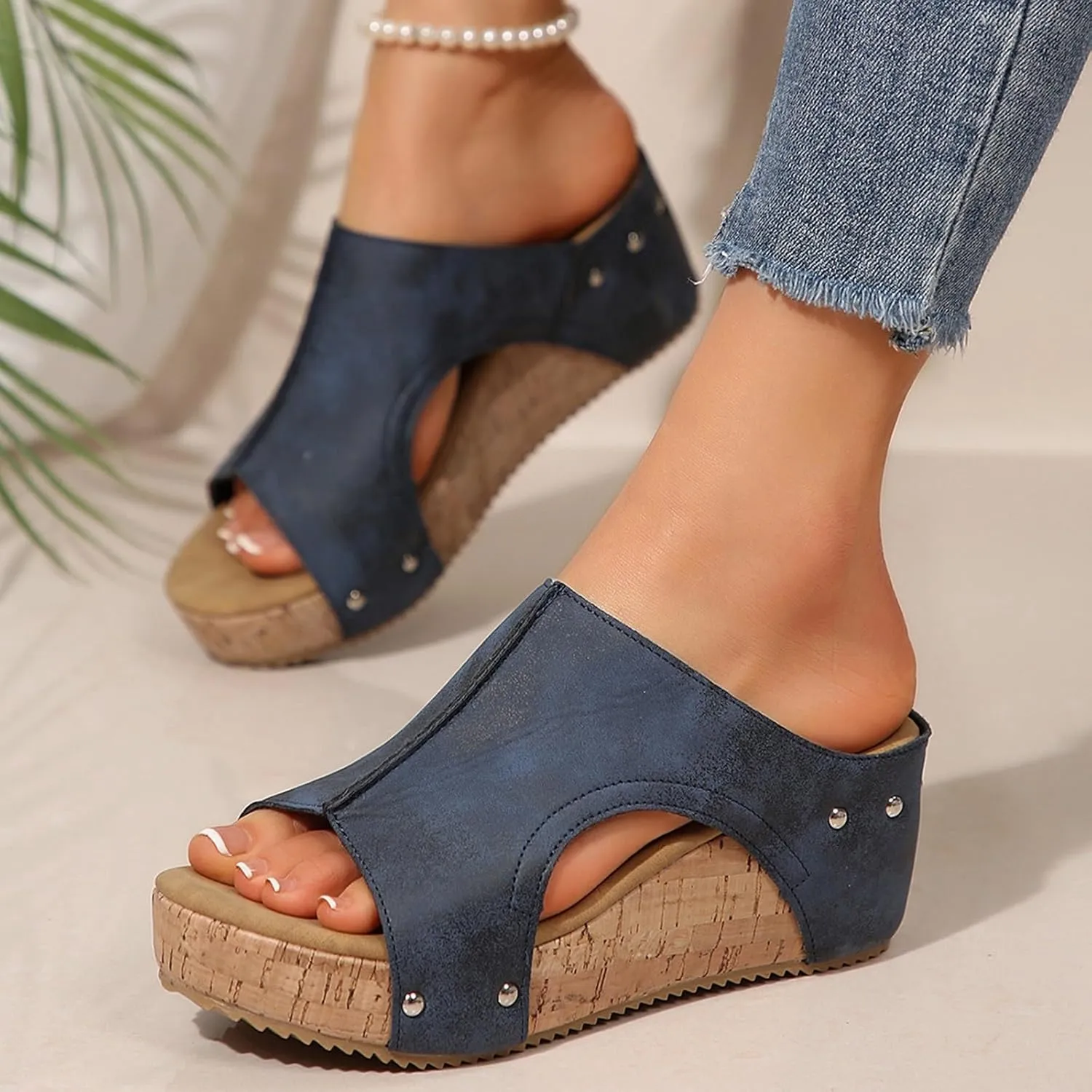 Platform Wedge Sandals for Women 2025 Open Toe Slip On Slides Cork Heeled Cutout Comfortable Summer Vacation Shoes