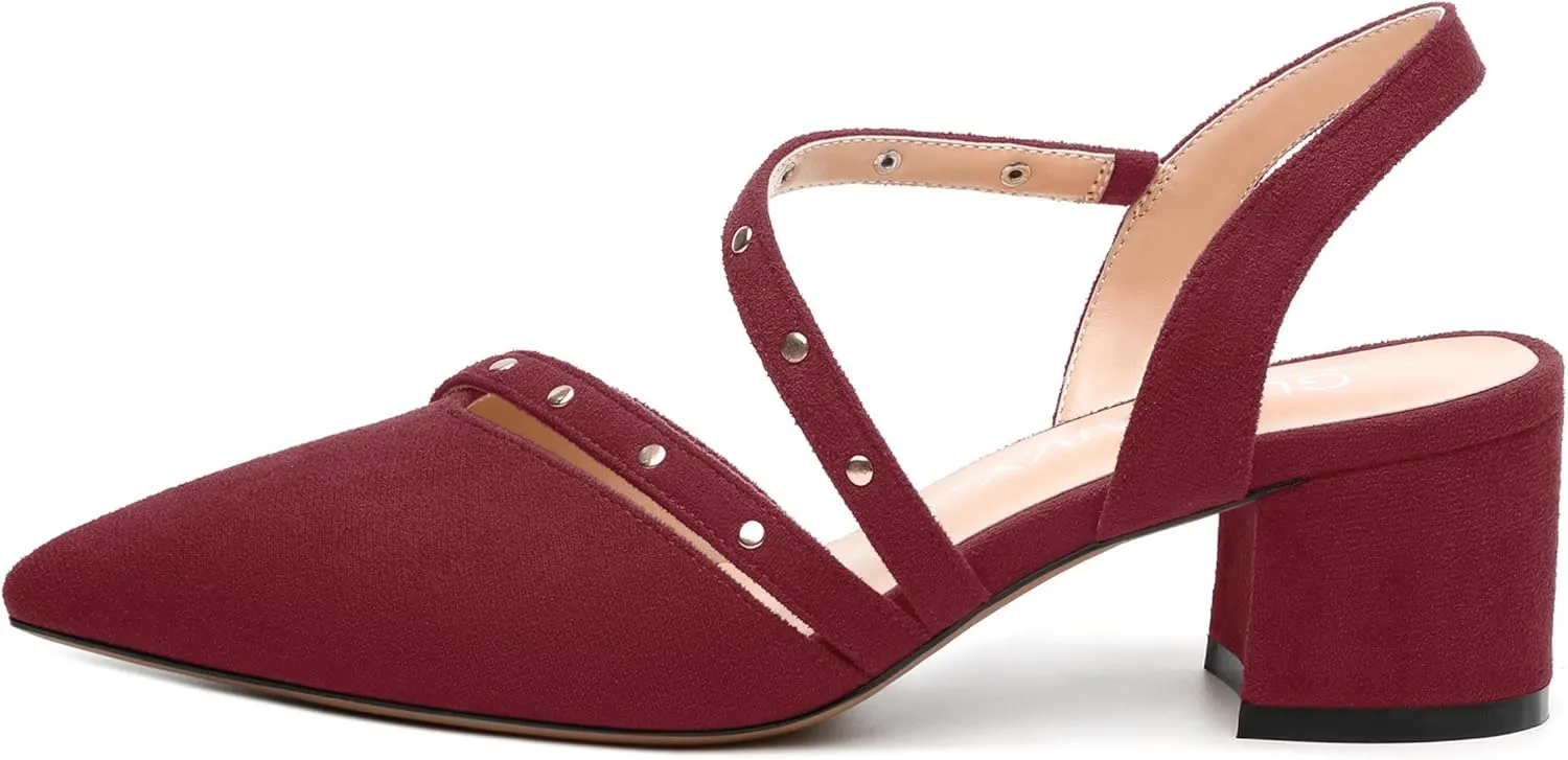 Pointed Toe Pumps Women - Low Chunky Heel Slingback Slip-On, Solid Color Shoes for Wedding Guest, Cocktail Parties & Daily Use