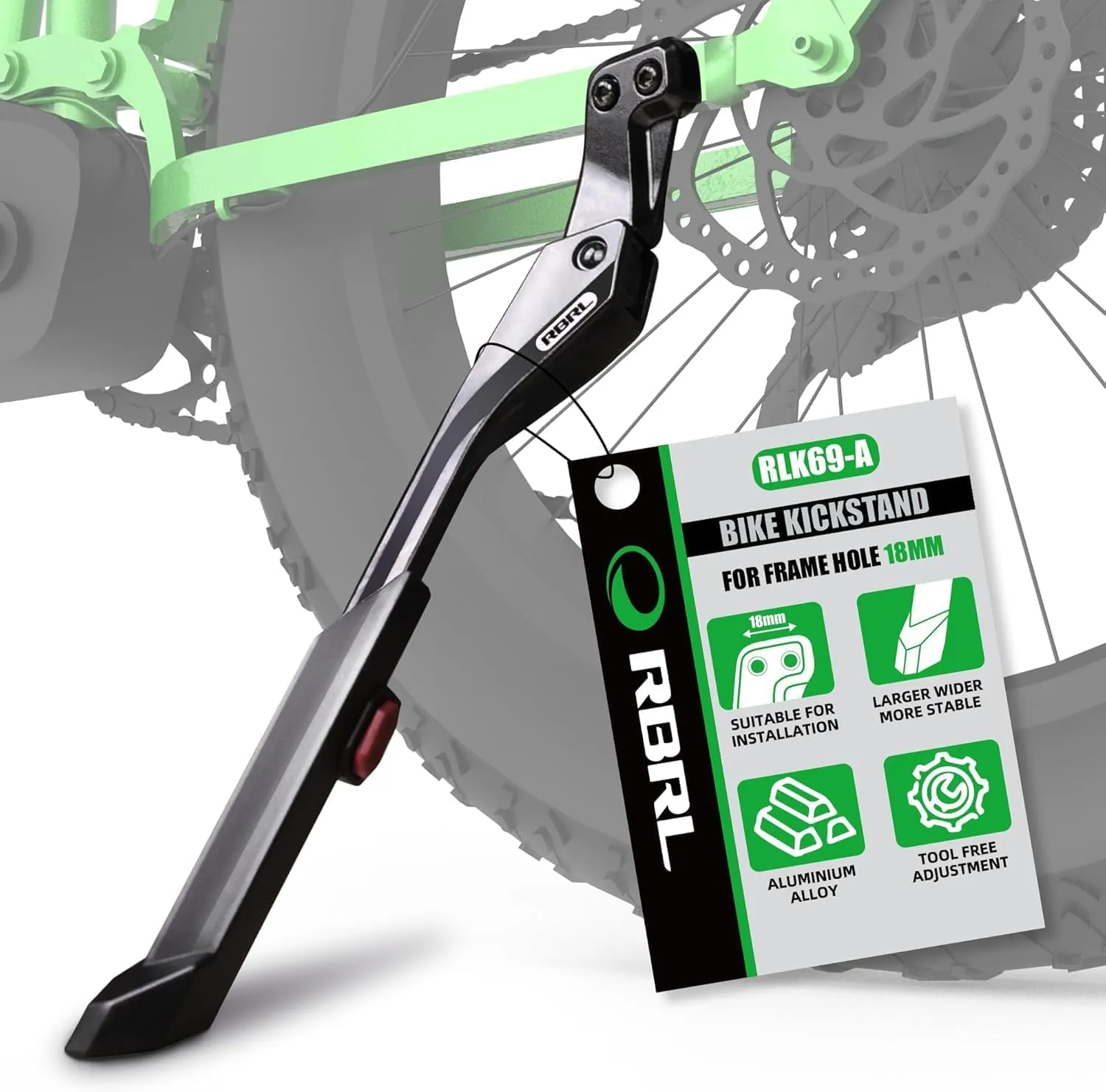 RBRL Bike Kickstand, 18 mm Hole Spacing Adjustable Bike Stand, Aluminum Alloy Heavy Duty, Non-Slip Bicycle Stand, Adjustable for 24-29 inch Mountain Bike, Road Bike, E-Bike