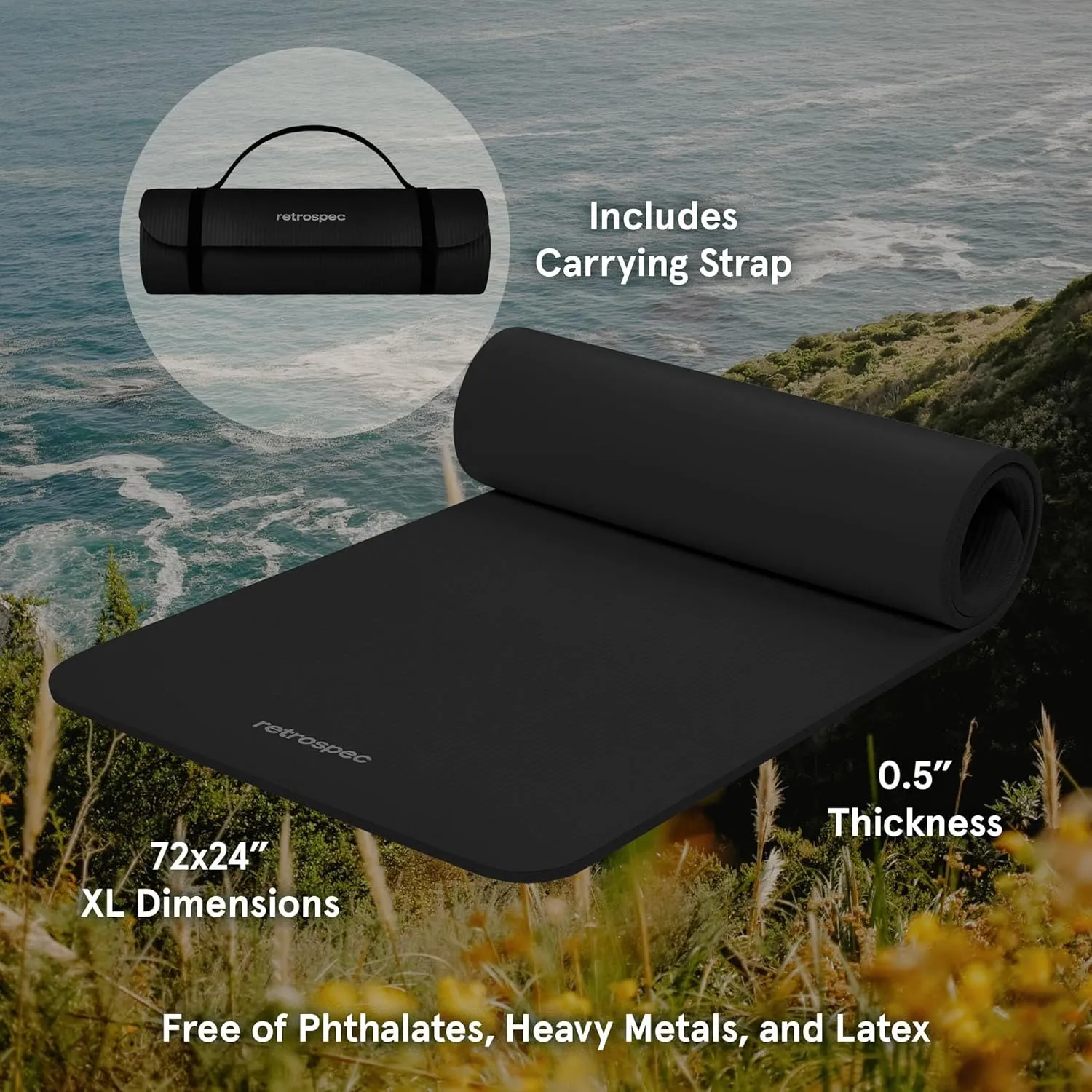 Retrospec Solana Yoga Mat 1/2" Thick w/Nylon Strap for Men & Women - Non Slip Exercise Mat for Yoga, Pilates, Stretching, Floor & Fitness Workouts