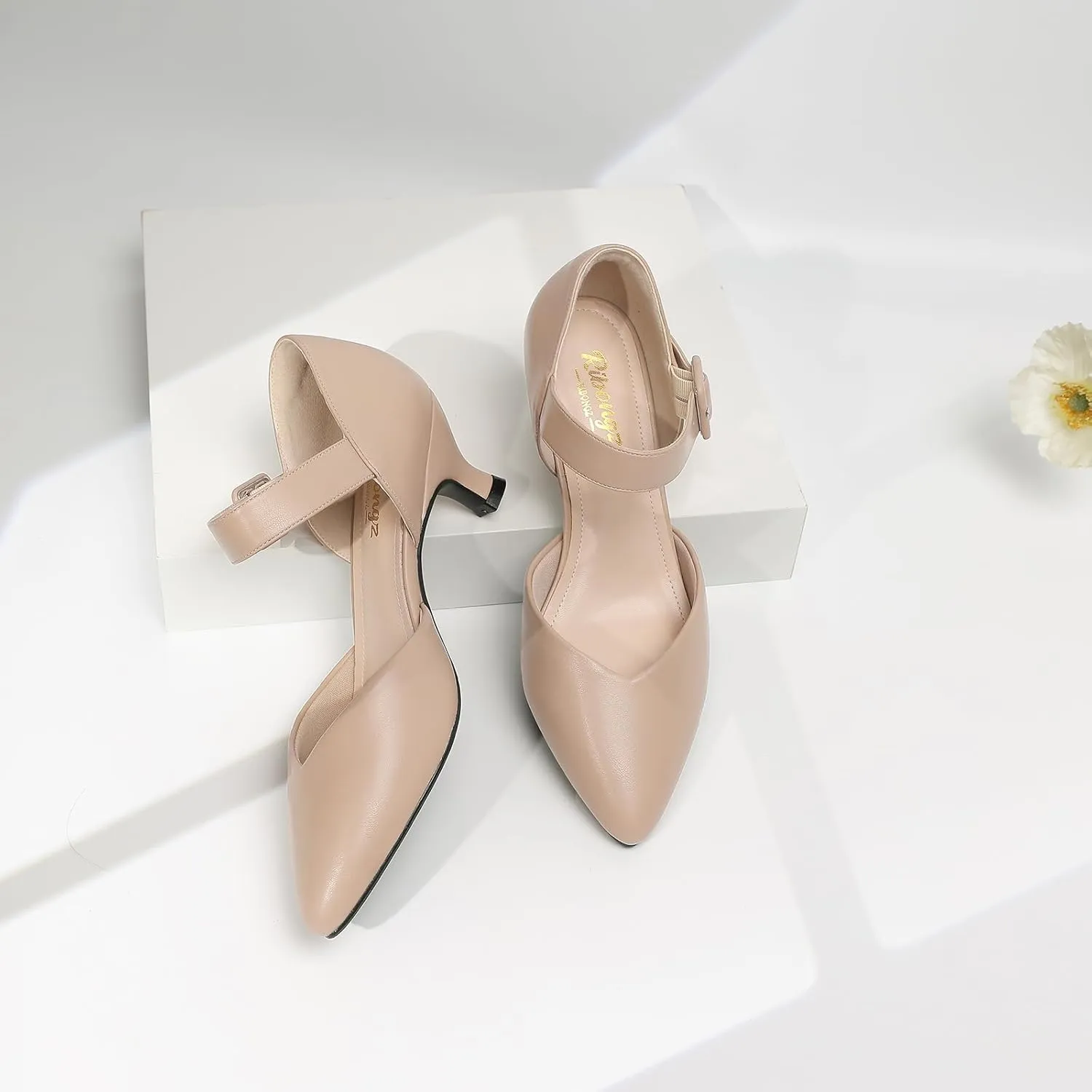 RIBONGZ Comfortable Kitten Heels for Women Pointed Closed Toe Ankle Strap Buckle Heels Slip on Low Heel Church Pumps Wedding Bridal Party Dressy Shoes