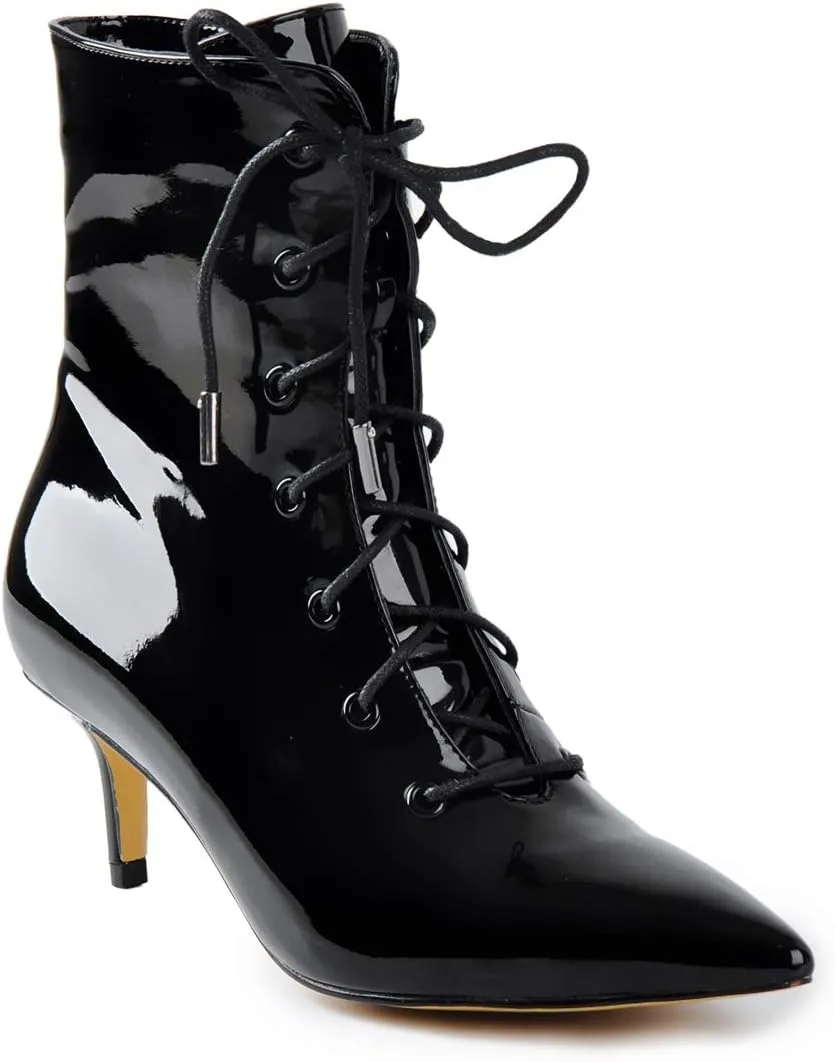 Richealnana Women's Kitten Low Heel Ankle Bootie Pointed Toe Lace Up Comfortable Walking Boots
