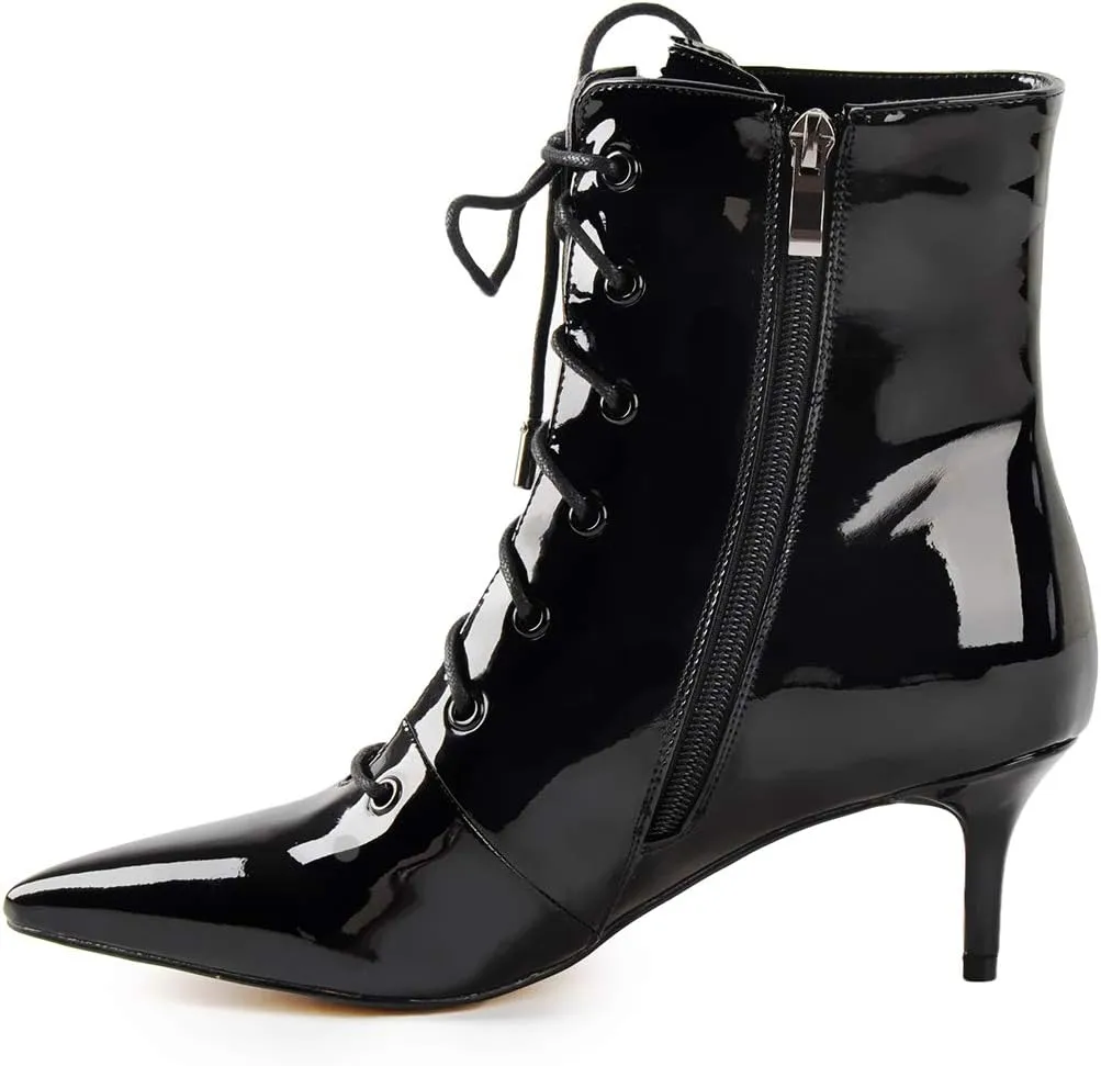 Richealnana Women's Kitten Low Heel Ankle Bootie Pointed Toe Lace Up Comfortable Walking Boots