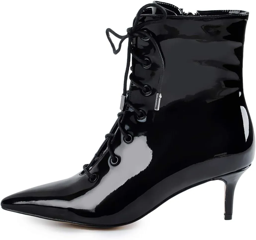 Richealnana Women's Kitten Low Heel Ankle Bootie Pointed Toe Lace Up Comfortable Walking Boots