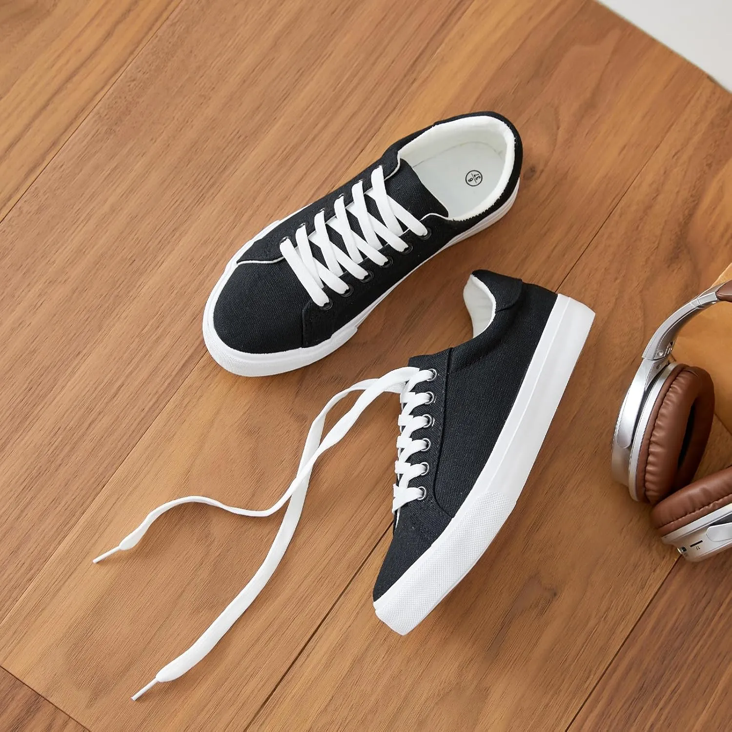 Rominz Women's White Canvas Sneakers Black Casual Non Slip Shoes Lightweight Comfortable Walking Shoes for Women