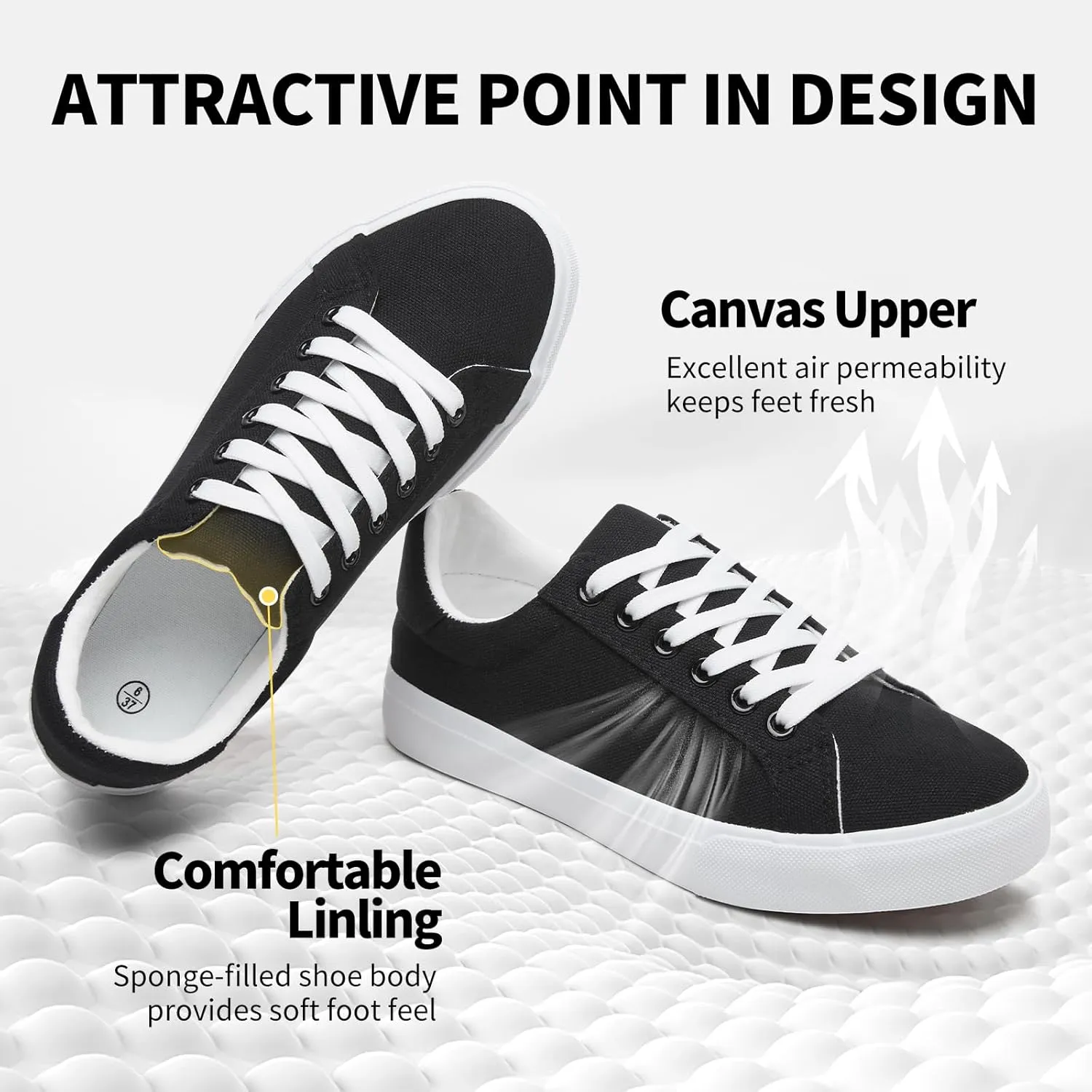 Rominz Women's White Canvas Sneakers Black Casual Non Slip Shoes Lightweight Comfortable Walking Shoes for Women