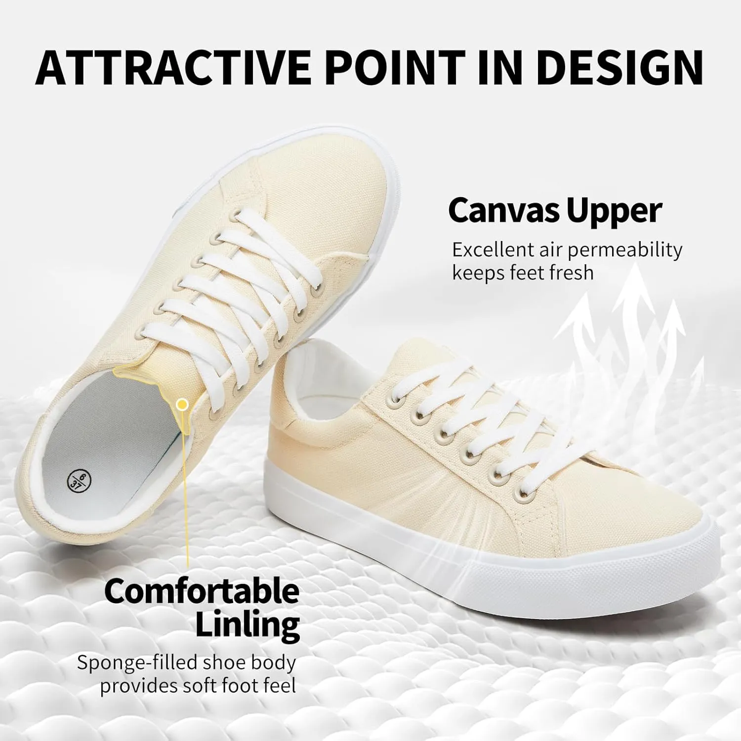 Rominz Women's White Canvas Sneakers Black Casual Non Slip Shoes Lightweight Comfortable Walking Shoes for Women
